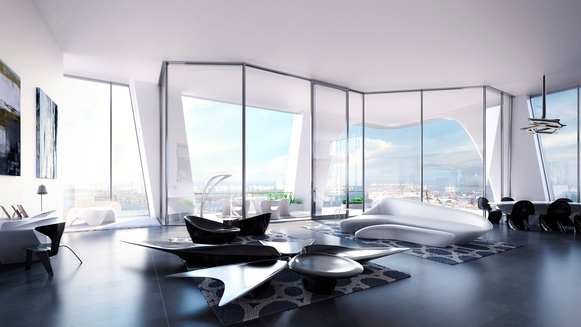 Sculptural living room at One Thousand Museum in Downtown Miami with panoramic glass, fluid furnishings, and bright waterfront views for luxury and ultra luxury condos.