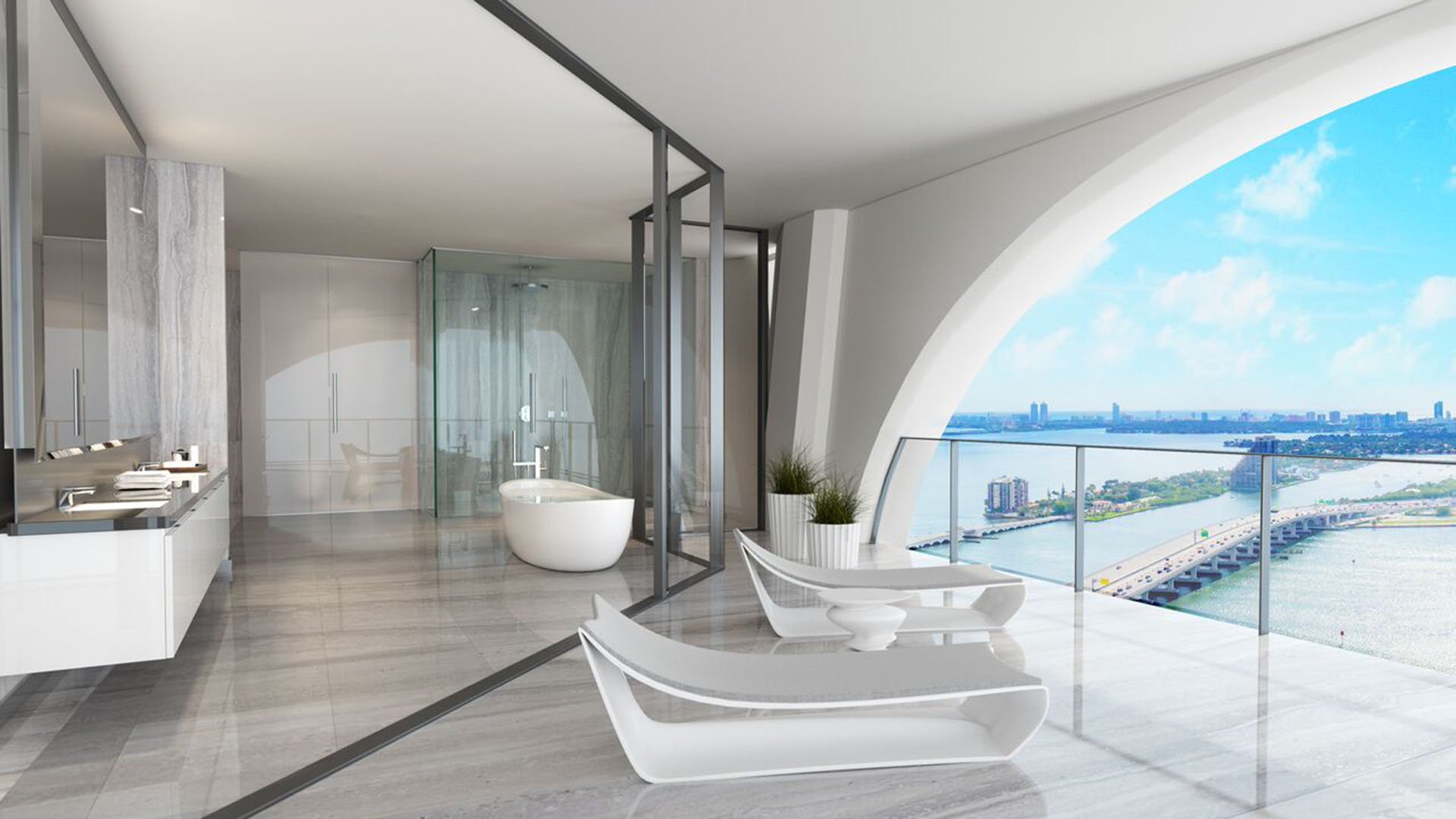Spa bathroom at One Thousand Museum in Downtown Miami with lounge chairs, a freestanding tub, and an arched terrace view for luxury and ultra luxury condos.
