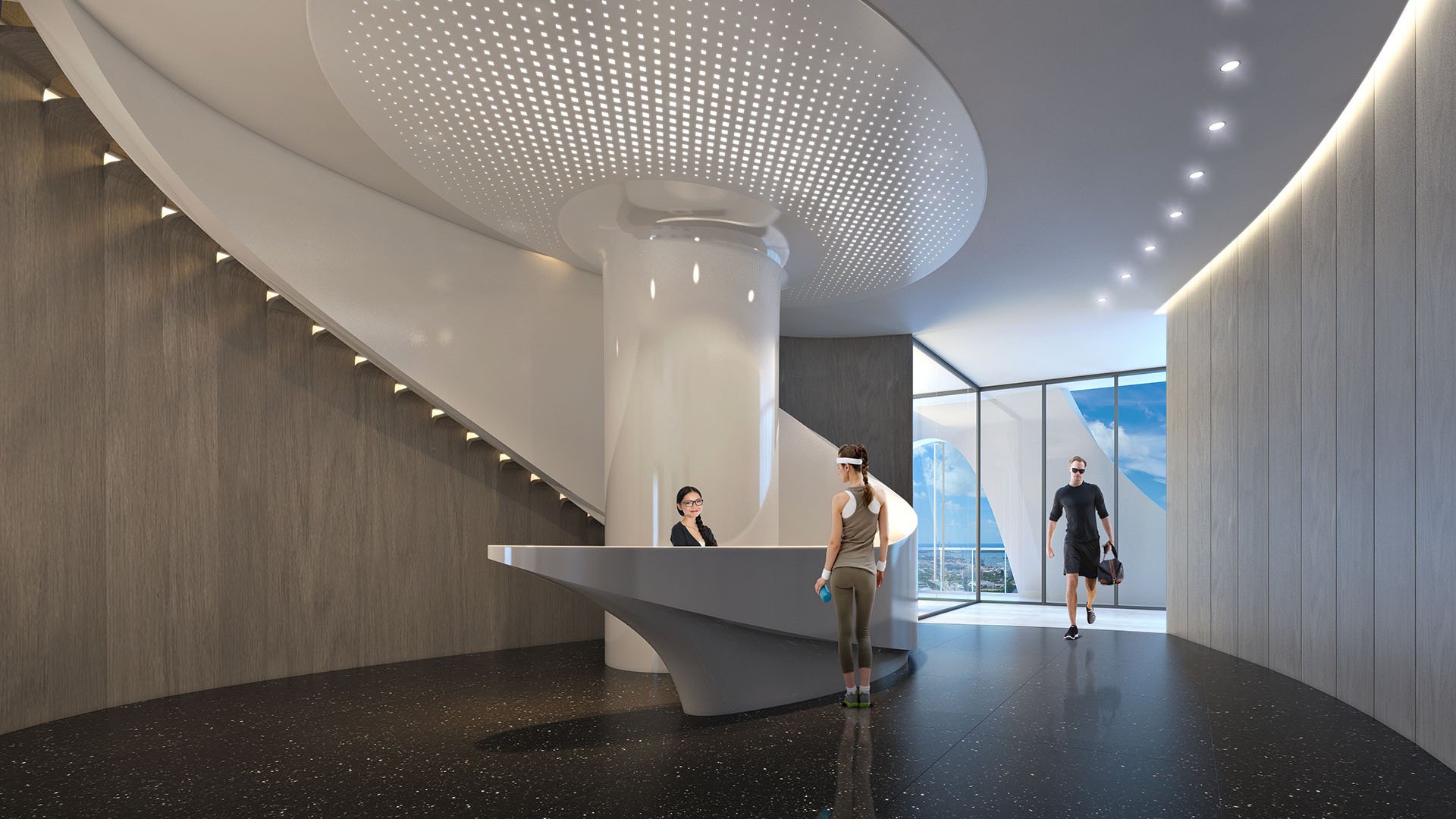 Spa lobby reception at One Thousand Museum in Downtown Miami with a sculptural rotunda ceiling and minimalist desk for luxury and ultra luxury condos.