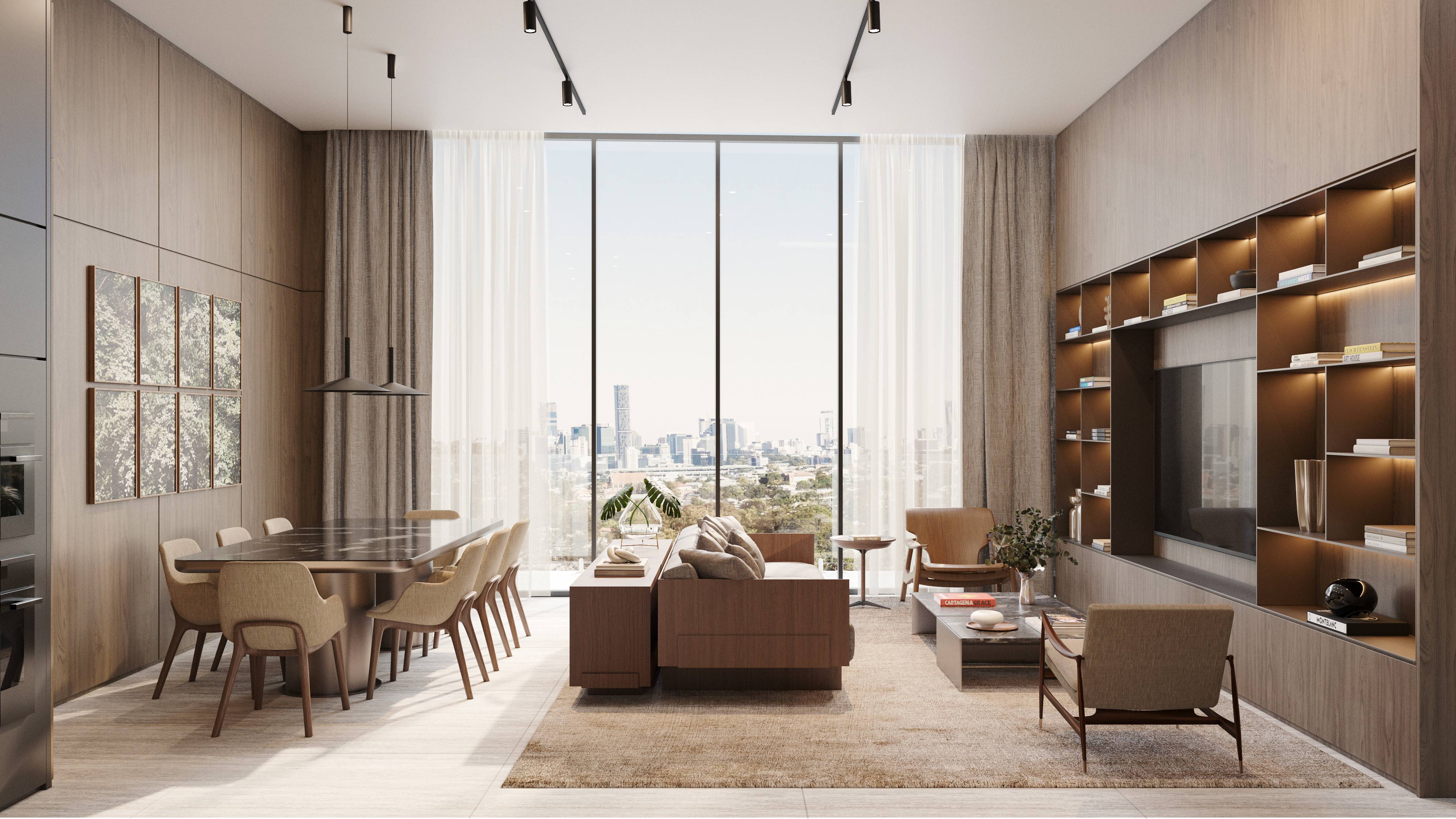 Opus Coconut Grove modern living room interior, showcasing luxury and ultra luxury preconstruction condos in Coconut Grove, Miami. Featuring apartment.