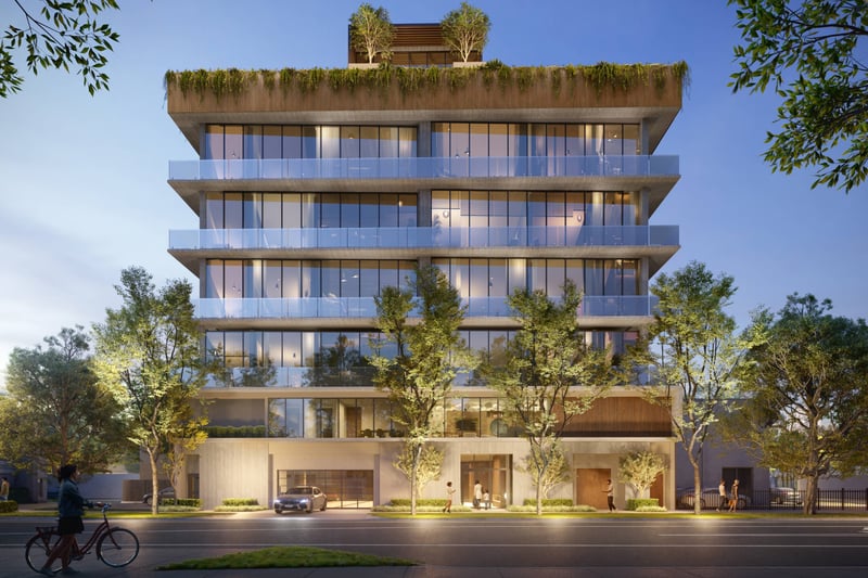 Opus Coconut Grove modern architectural exterior view, highlighting luxury and ultra luxury preconstruction condos in Miami. Featuring building.