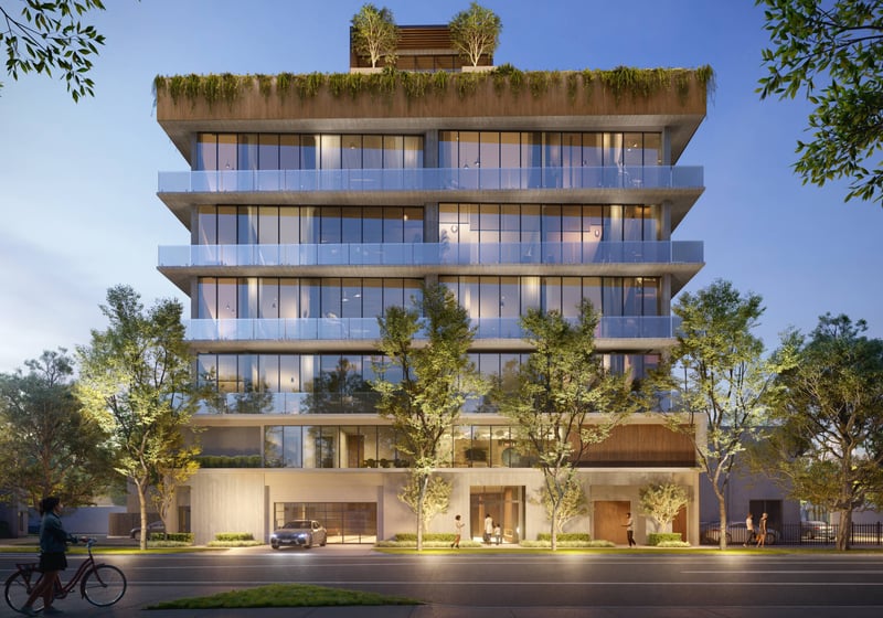 Opus Coconut Grove modern architectural exterior view, highlighting luxury and ultra luxury preconstruction condos in Miami. Featuring building.