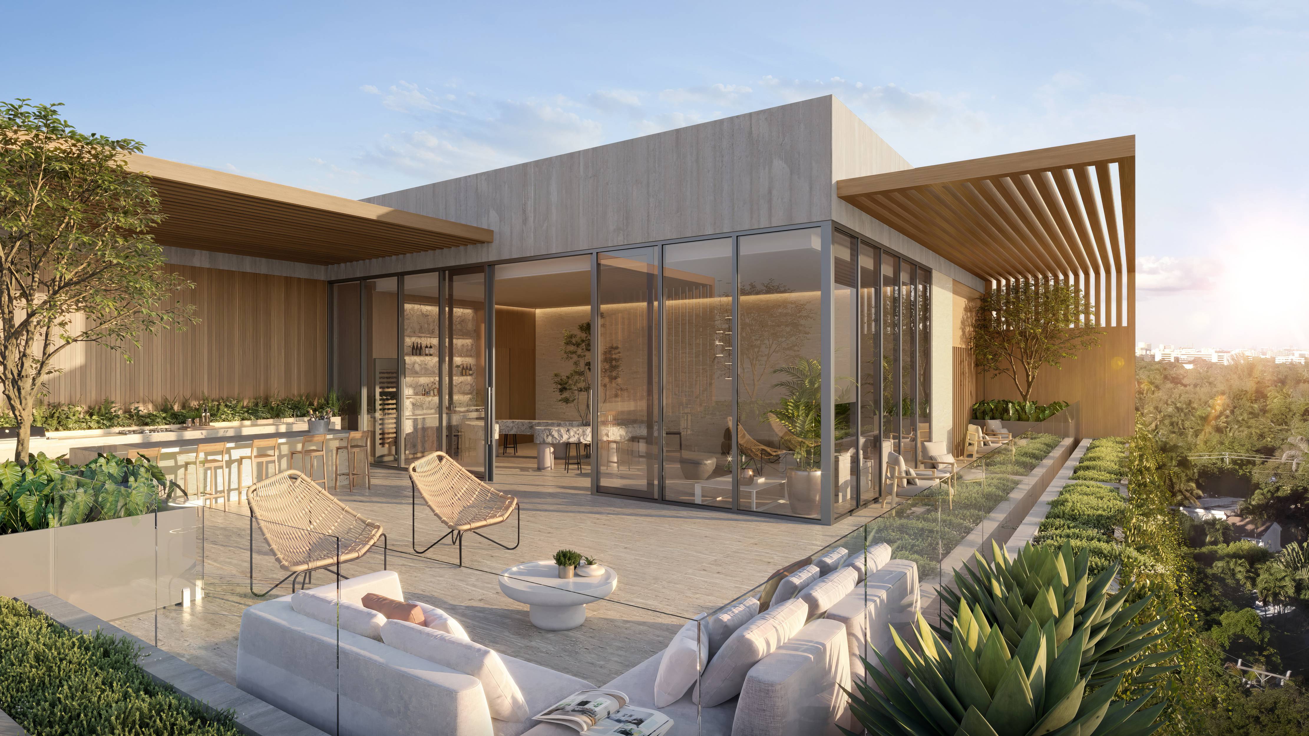 Opus Coconut Grove modern terrace design, luxury and ultra luxury preconstruction condos with outdoor lounge space in Miami. Featuring architectural.
