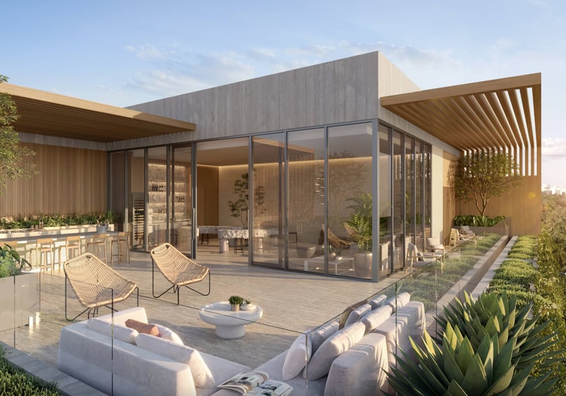 Opus Coconut Grove modern terrace design, luxury and ultra luxury preconstruction condos with outdoor lounge space in Miami. Featuring architectural.