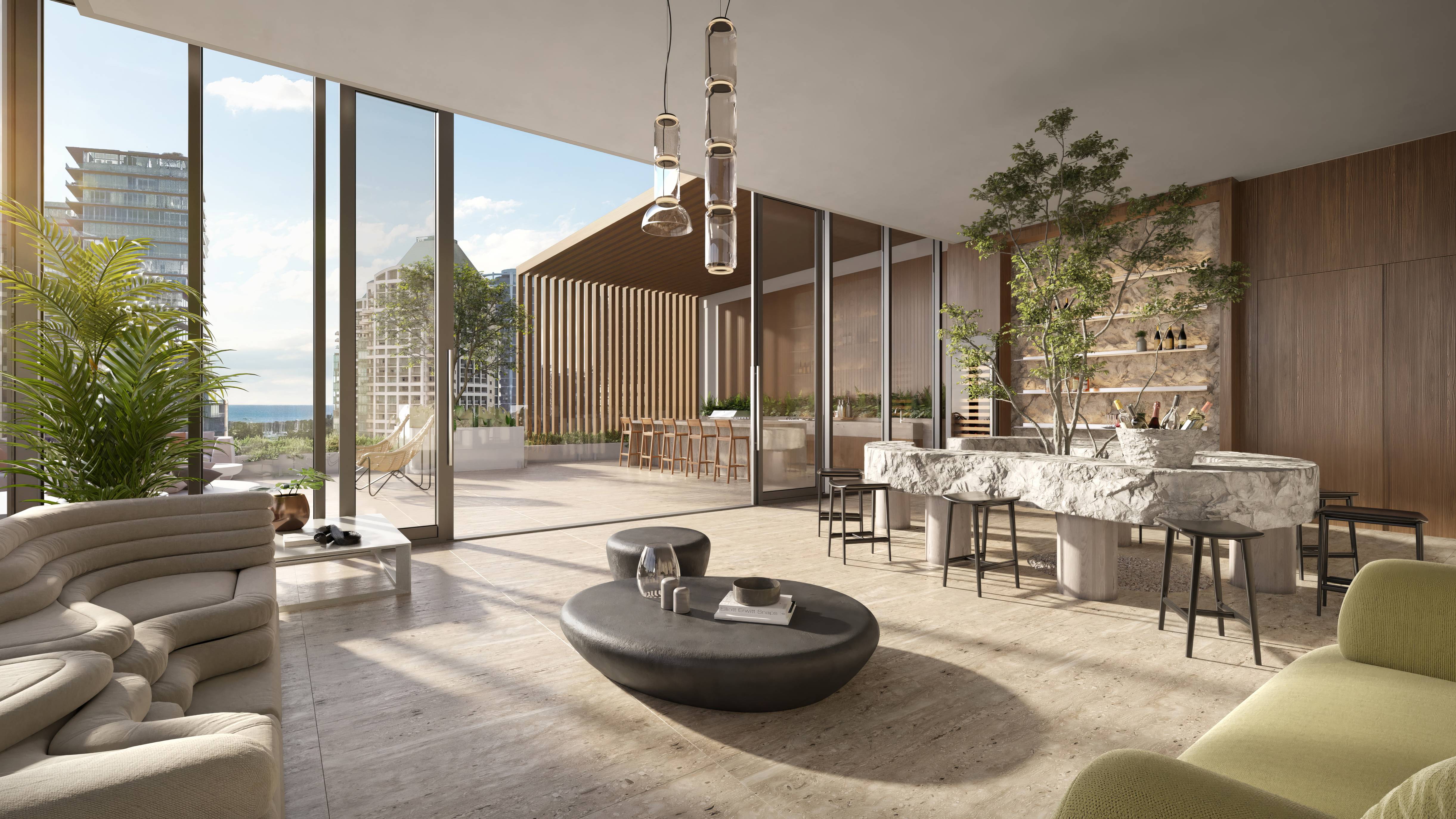 Opus Coconut Grove open-concept living room interior, luxury and ultra luxury preconstruction condos in Coconut Grove, Miami. Featuring modern.