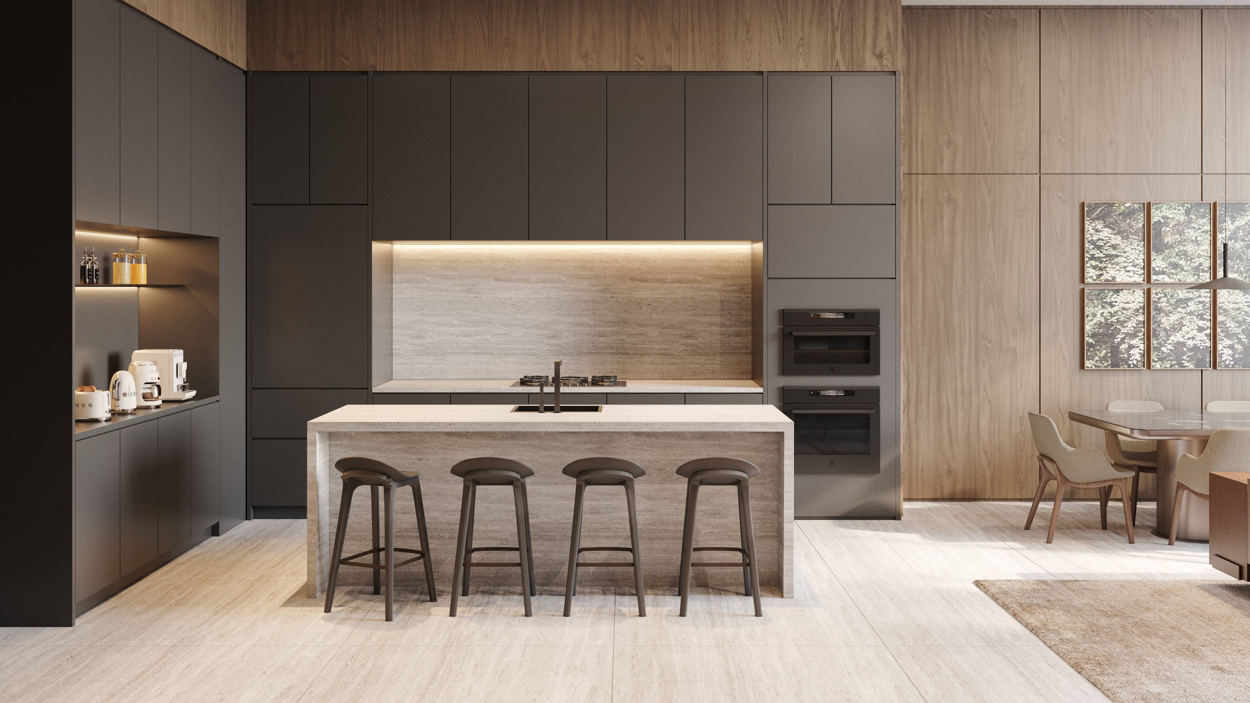 Opus Coconut Grove modern kitchen interior design, showcasing luxury and ultra luxury preconstruction condos finishes in Miami.