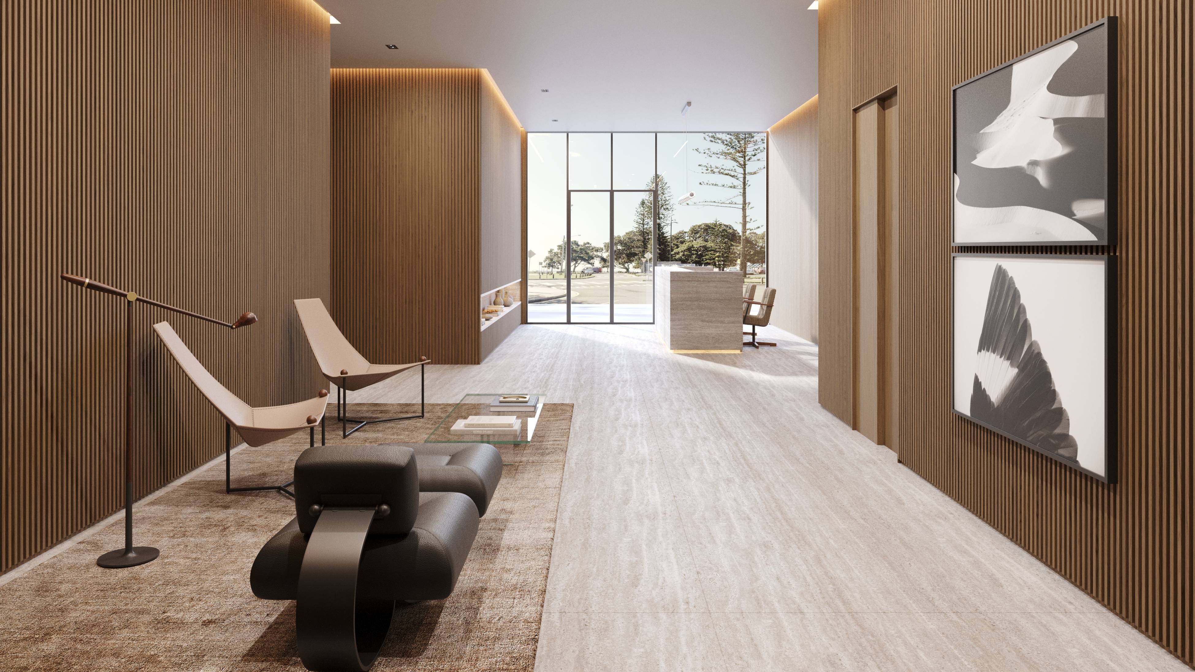 Opus Coconut Grove modern lobby interior design, luxury and ultra luxury preconstruction condos amenities in Coconut Grove, Miami.