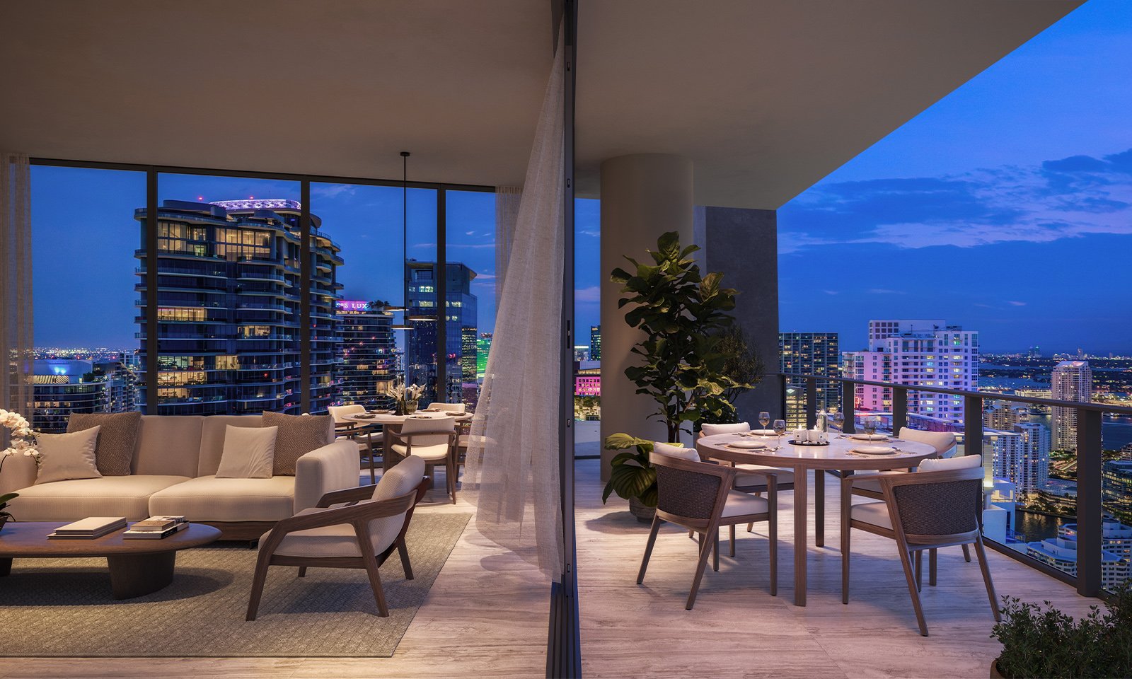 ORA by Casa Tua, Brickell Miami balcony dining with city lights, elevated lifestyle in luxury and ultra luxury condos; preconstruction. Featuring cityscape and evening.