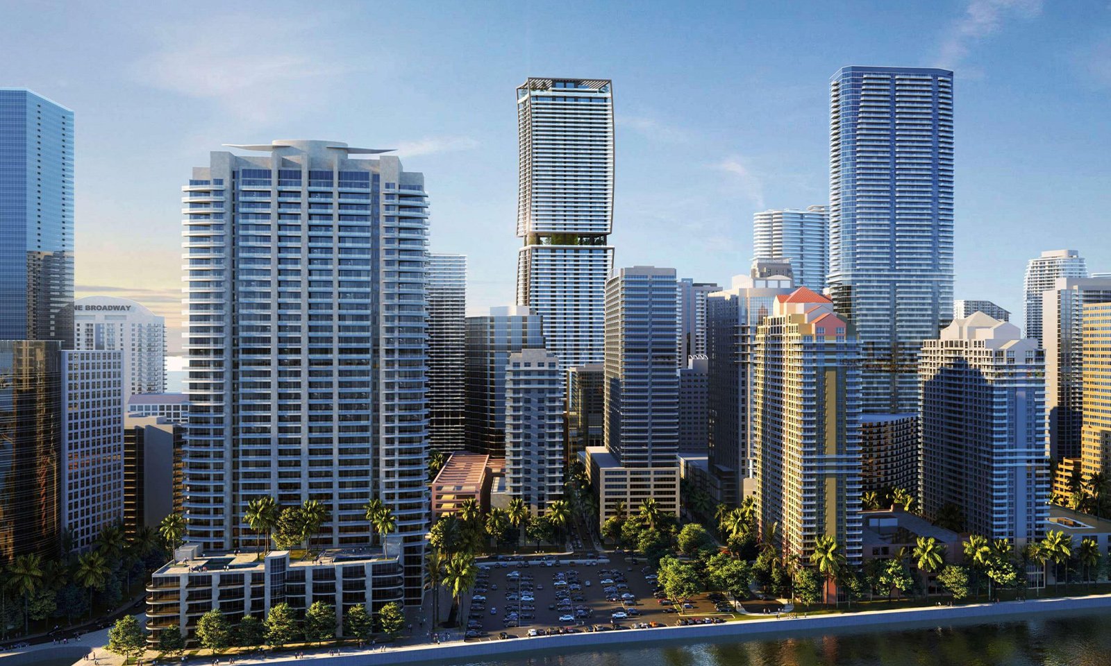 ORA by Casa Tua, Brickell Miami modern architecture over the skyline, signature tower of luxury and ultra luxury condos; preconstruction. Featuring cityscape.