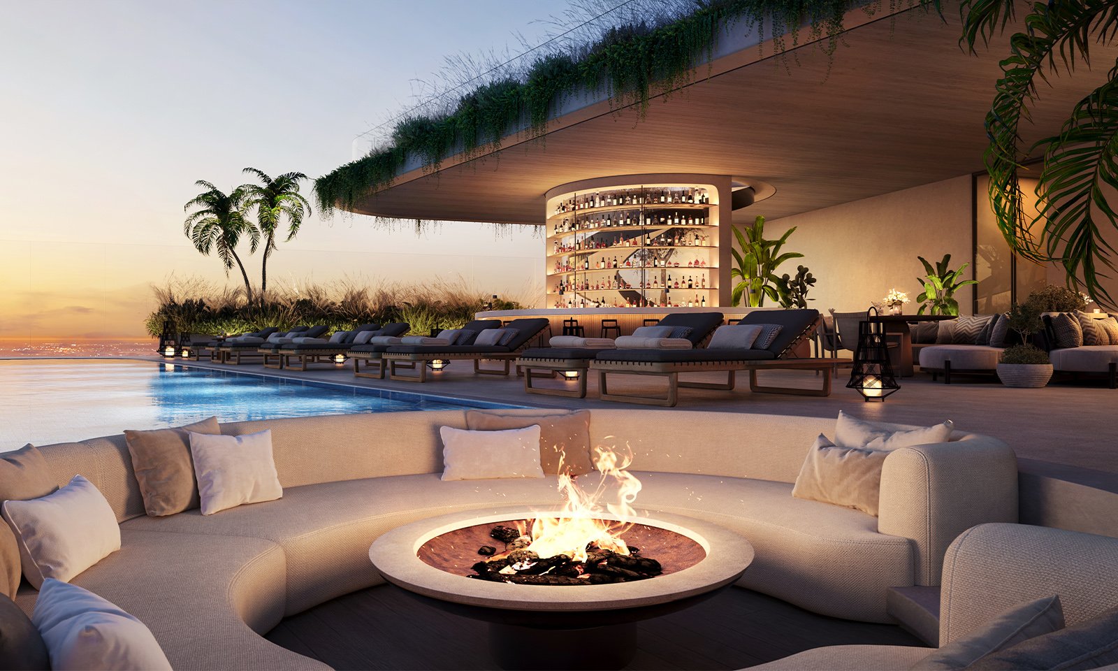 ORA by Casa Tua, Brickell Miami poolside lounge at sunset, resort amenities for luxury and ultra luxury condos; preconstruction.