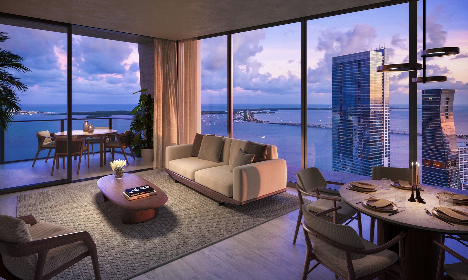 ORA by Casa Tua, Brickell Miami modern living room with skyline view, refined interiors for luxury and ultra luxury condos; preconstruction. Featuring apartment.