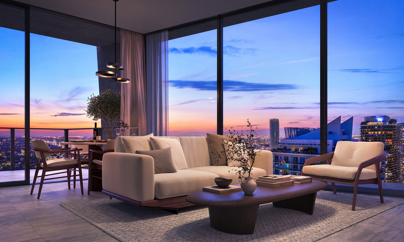 ORA by Casa Tua, Brickell Miami living room at sunset overlooking city—elegant design in luxury and ultra luxury condos; preconstruction.