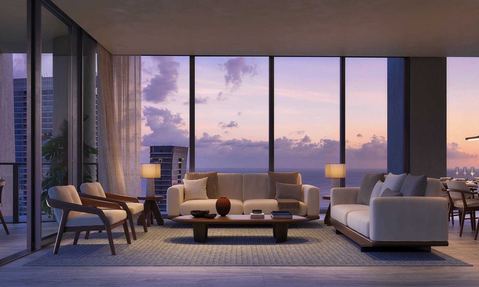 ORA by Casa Tua, Brickell Miami living room with bay view, floor‑to‑ceiling glass in luxury and ultra luxury condos; preconstruction. Featuring modern and ocean.