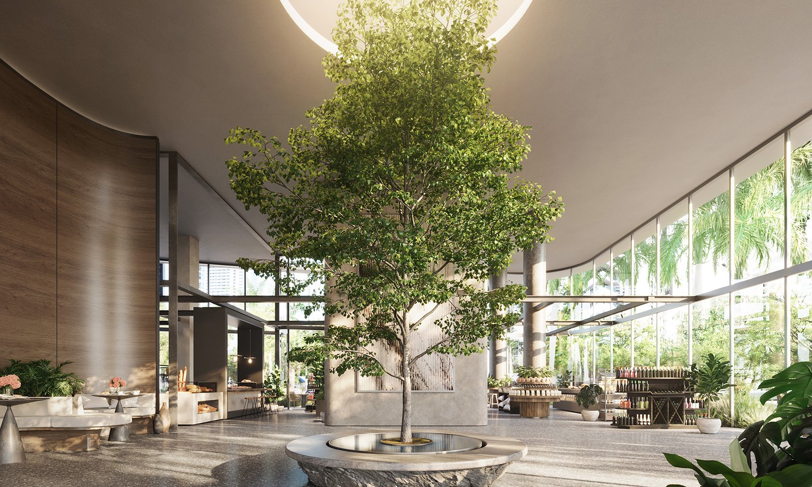 ORA by Casa Tua, Brickell Miami modern lobby with indoor tree, hotel‑style welcome for luxury and ultra luxury condos; preconstruction. Featuring interior.