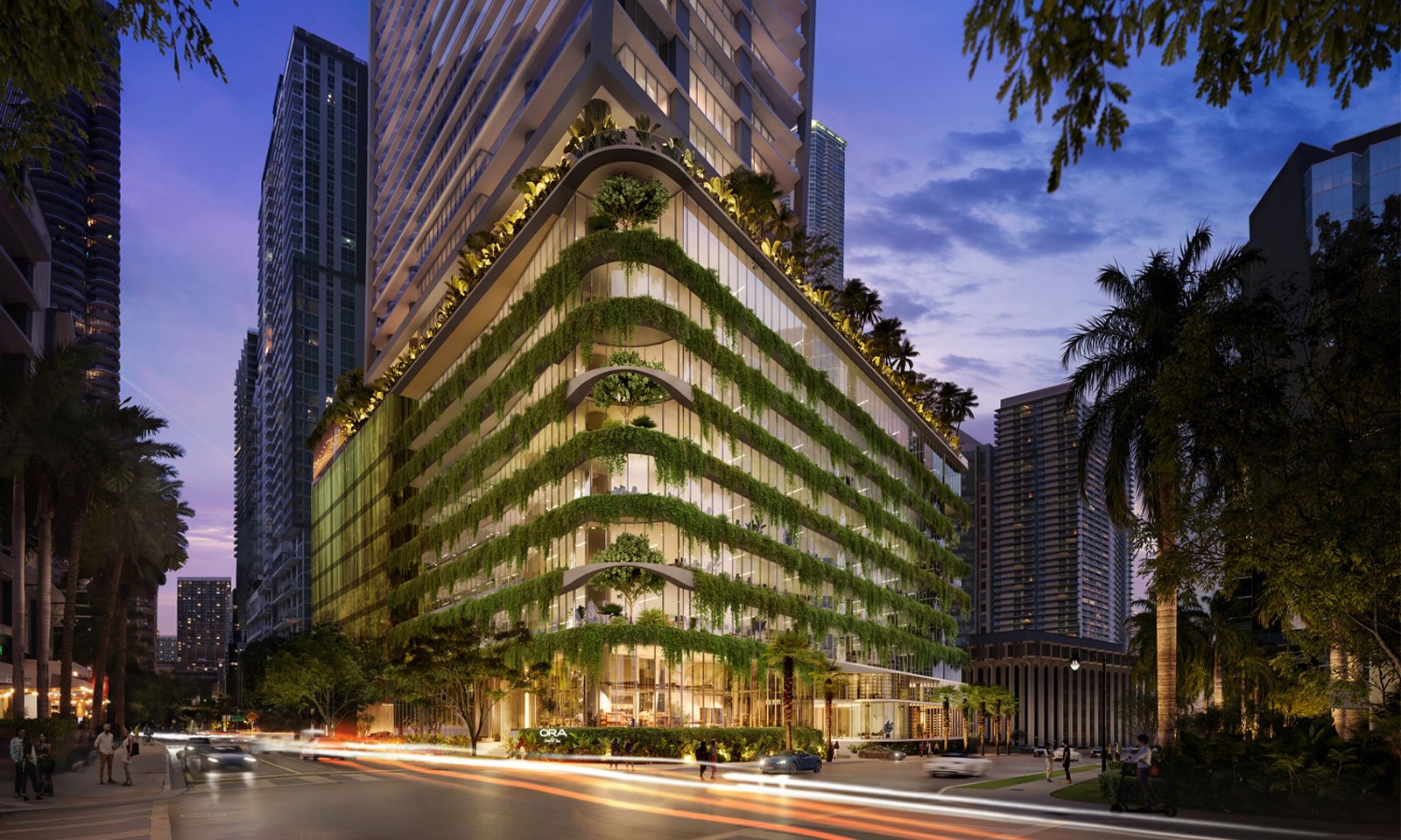 ORA by Casa Tua, Brickell Miami building at dusk with glowing façade—landmark for luxury and ultra luxury condos; preconstruction.