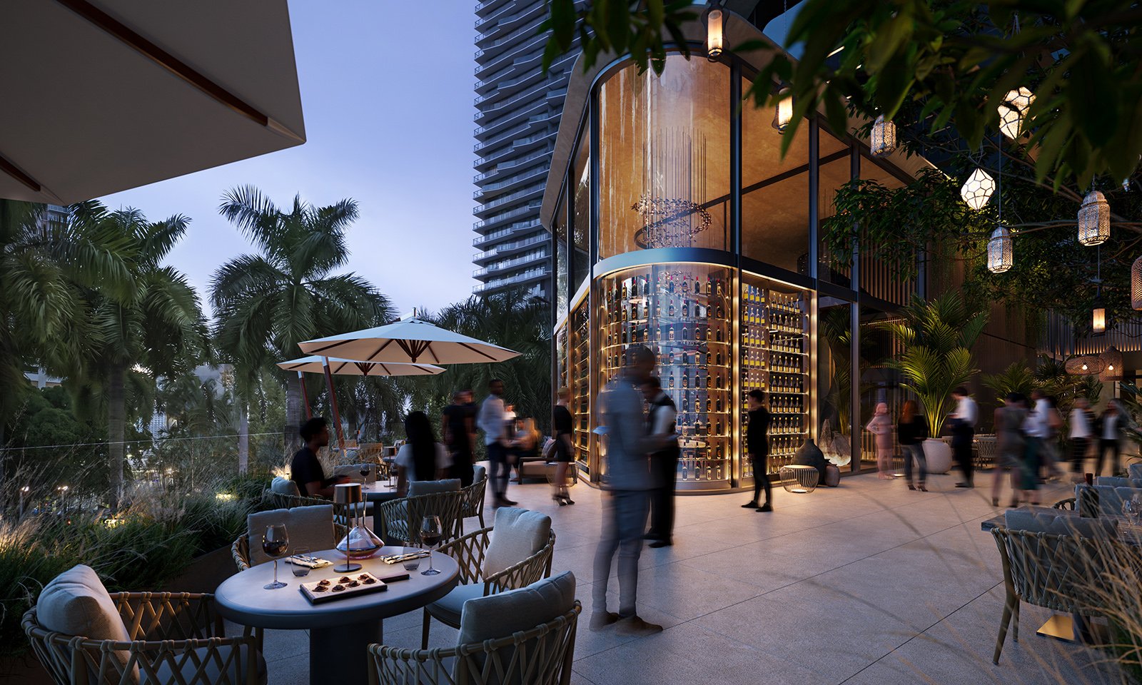 ORA by Casa Tua, Brickell Miami outdoor dining in evening ambiance. Casa Tua hospitality for luxury and ultra luxury condos; preconstruction. Featuring scene.