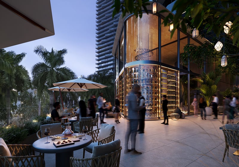 ORA by Casa Tua, Brickell Miami outdoor dining in evening ambiance. Casa Tua hospitality for luxury and ultra luxury condos; preconstruction. Featuring scene.