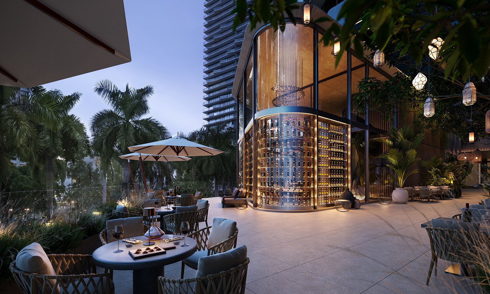 ORA by Casa Tua, Brickell Miami outdoor dining lounge at night, social scene for luxury and ultra luxury condos; preconstruction. Featuring evening and ambiance.