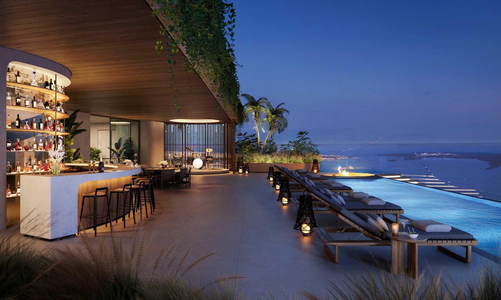 ORA by Casa Tua, Brickell Miami rooftop bar with sweeping night skyline views, sky‑level amenity for luxury and ultra luxury condos; preconstruction. Featuring view.