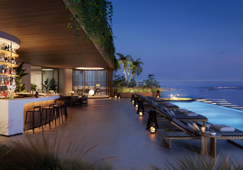 ORA by Casa Tua, Brickell Miami rooftop bar with sweeping night skyline views, sky‑level amenity for luxury and ultra luxury condos; preconstruction. Featuring view.