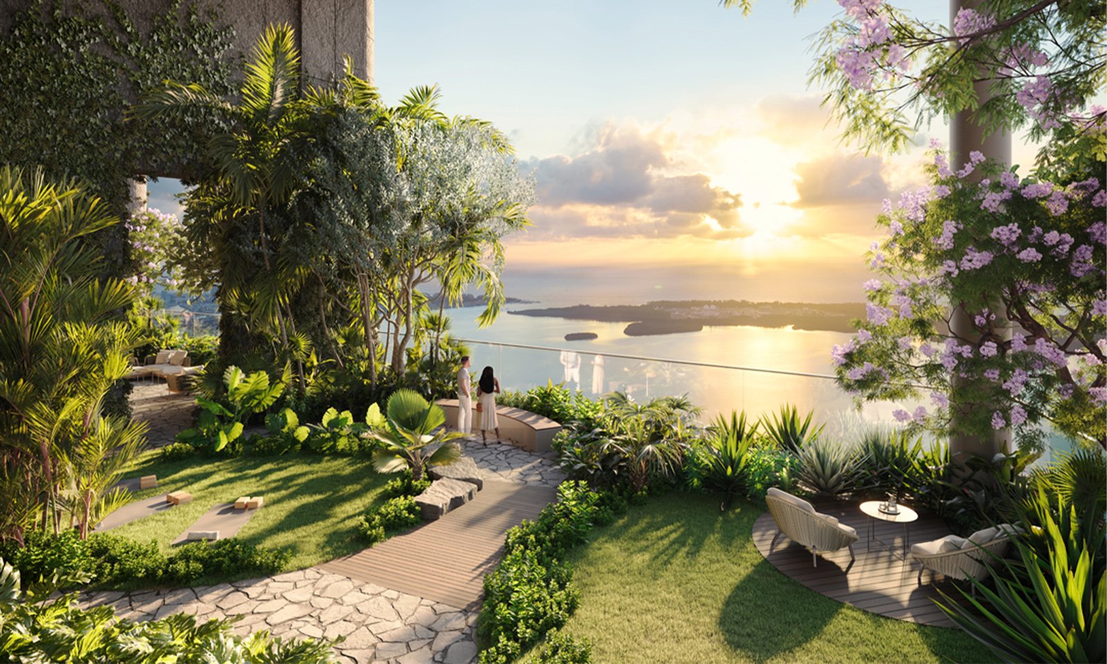 ORA by Casa Tua, Brickell Miami sunset terrace with garden seating, romantic setting for luxury and ultra luxury condos; preconstruction. Featuring couple.
