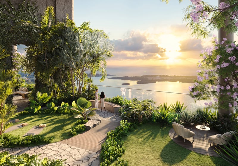 ORA by Casa Tua, Brickell Miami sunset terrace with garden seating, romantic setting for luxury and ultra luxury condos; preconstruction. Featuring couple.