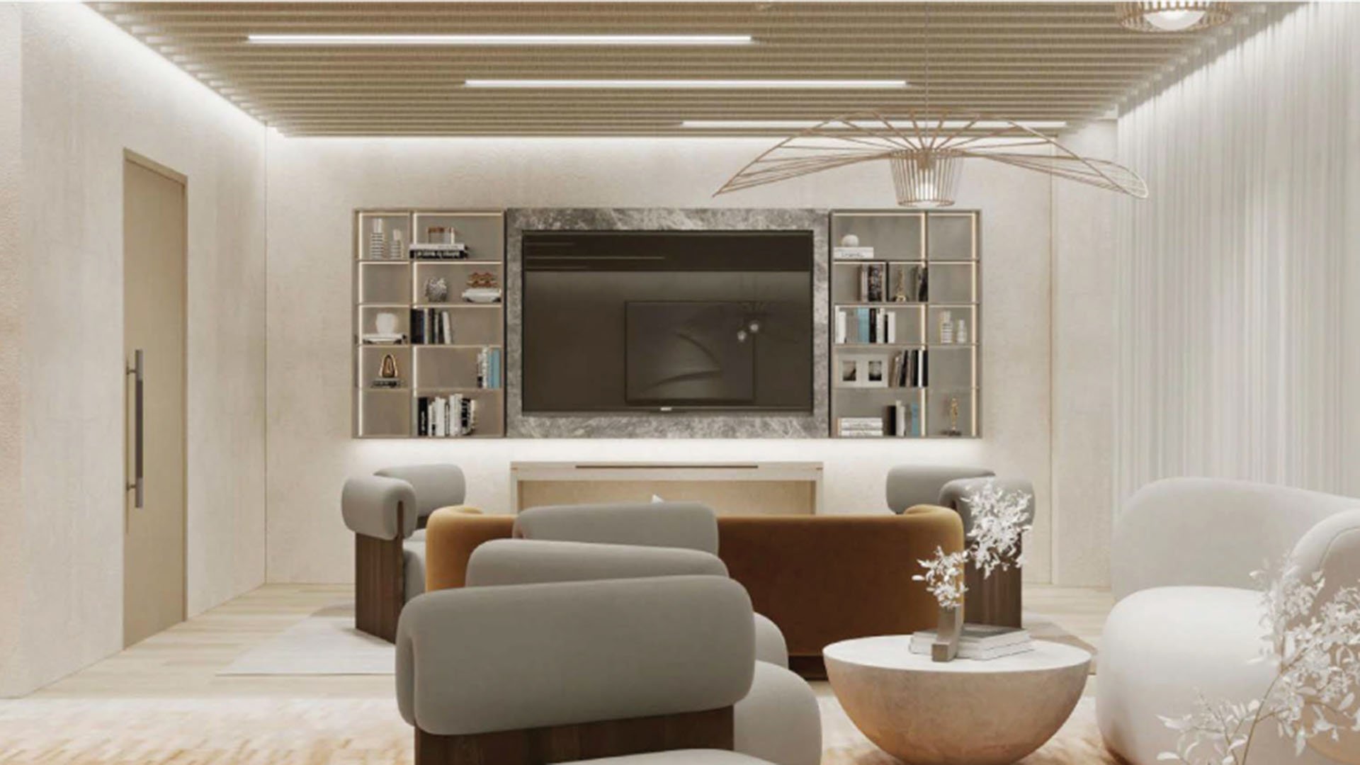 Origin Residences Bay Harbor Islands coworking lounge and media room with large TV wall and built-in bookshelves, modern seating, showcasing luxury and ultra luxury preconstruction condos amenities in Bay Harbor Islands, Miami, Florida.
