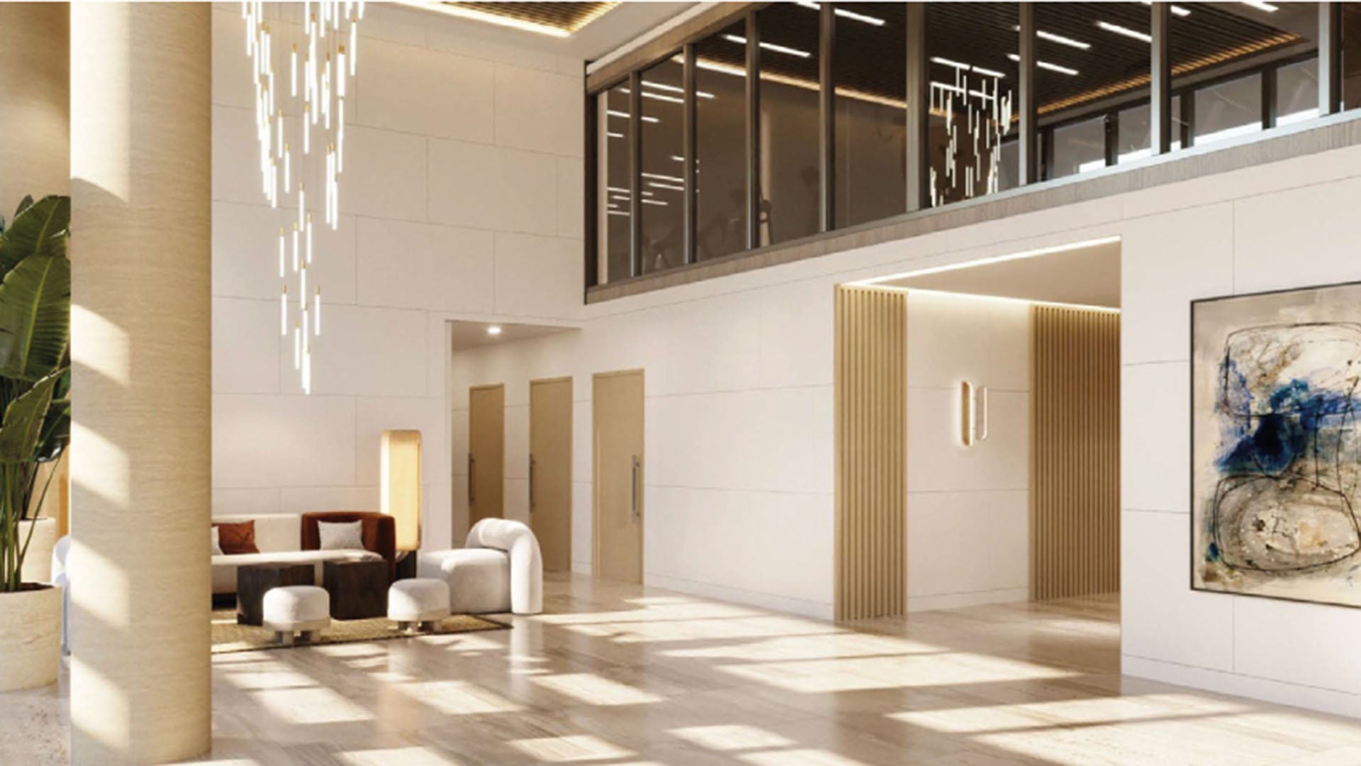 Origin Residences Bay Harbor Islands double-height lobby lounge with designer seating and chandelier, modern interior, showcasing luxury and ultra luxury preconstruction condos in Bay Harbor Islands, Miami, Florida.