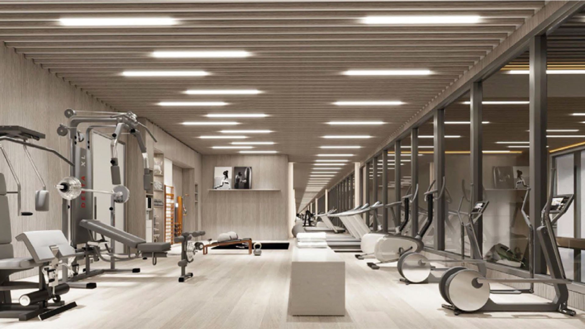 Origin Residences Bay Harbor Islands fitness center with treadmills, cardio machines and strength training, showcasing luxury and ultra luxury preconstruction condos amenities in Bay Harbor Islands, Miami, Florida.