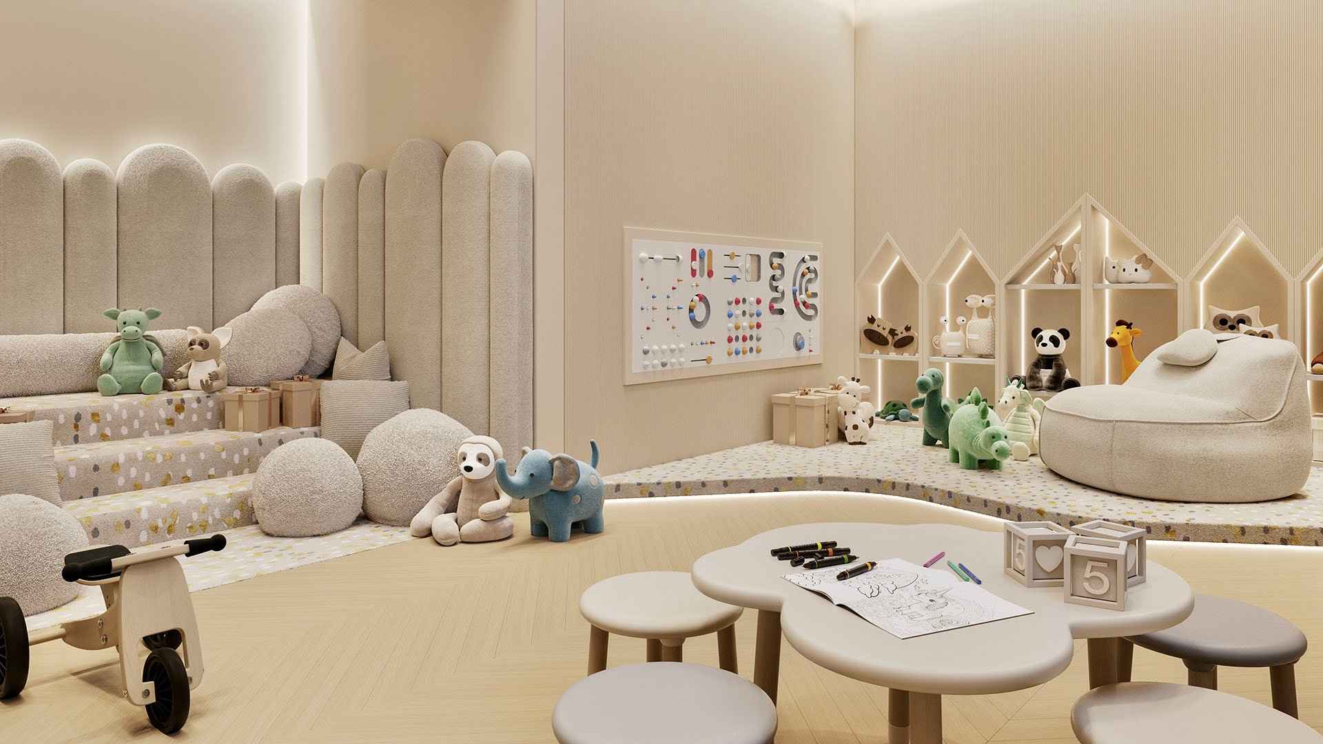 Origin Residences Bay Harbor Islands kids playroom with soft play seating, toys and activity tables, family amenity for luxury and ultra luxury preconstruction condos in Bay Harbor Islands, Miami, Florida.