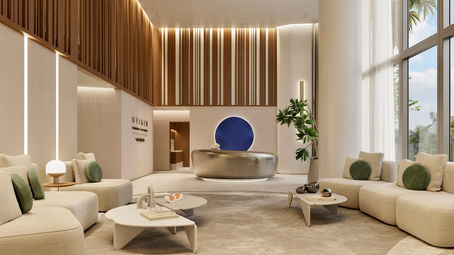 Origin Residences Bay Harbor Islands lobby lounge with curved reception desk and blue art installation, modern seating, highlighting luxury and ultra luxury preconstruction condos in Bay Harbor Islands, Miami, Florida.