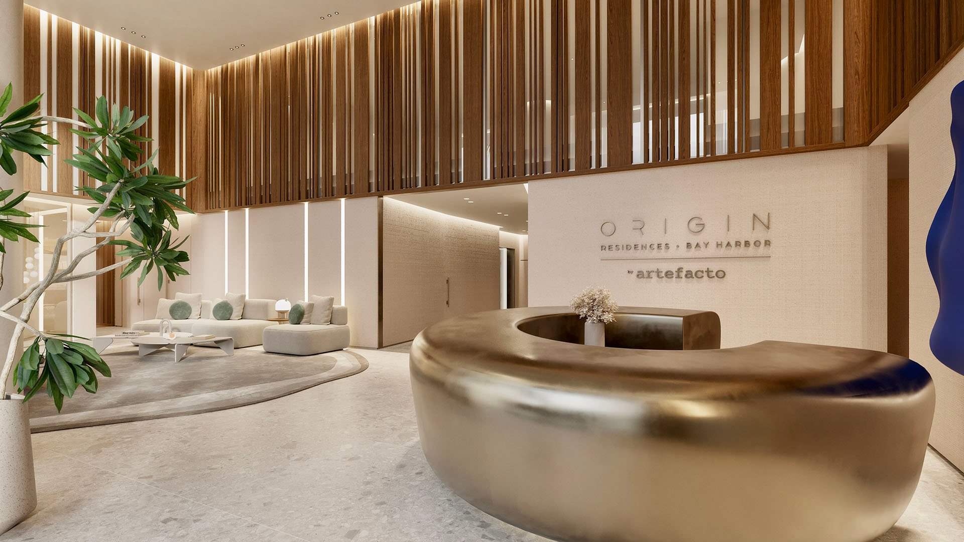 Origin Residences Bay Harbor Islands lobby reception with wood-slat walls and Origin Residences signage, designer interior for luxury and ultra luxury preconstruction condos in Bay Harbor Islands, Miami, Florida.