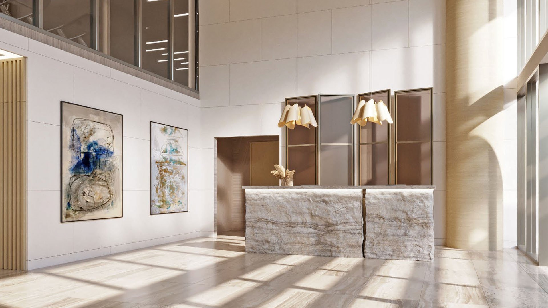 Origin Residences Bay Harbor Islands lobby reception with stone slab counter, pendant lights and artwork, showcasing luxury and ultra luxury preconstruction condos in Bay Harbor Islands, Miami, Florida.