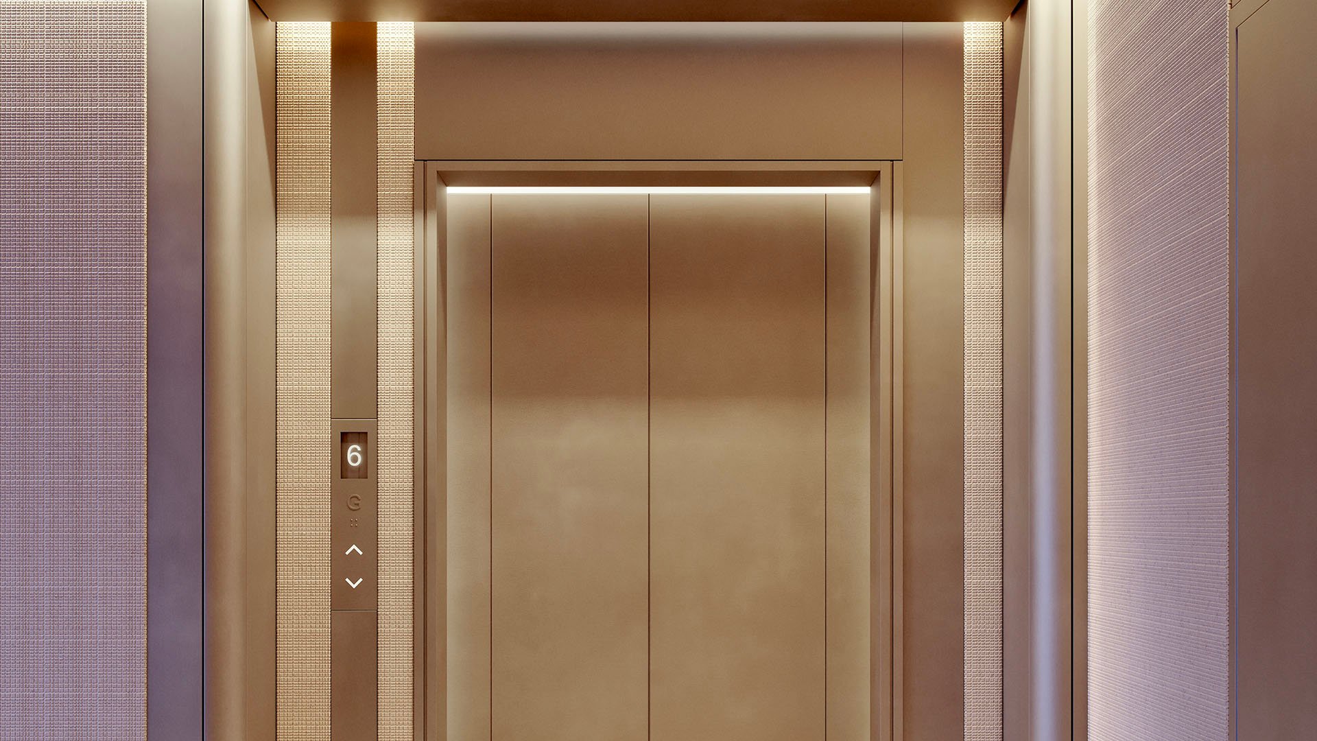 Origin Residences Bay Harbor Islands modern elevator lobby with textured wall panels and ambient lighting, part of luxury and ultra luxury preconstruction condos in Bay Harbor Islands, Miami, Florida.