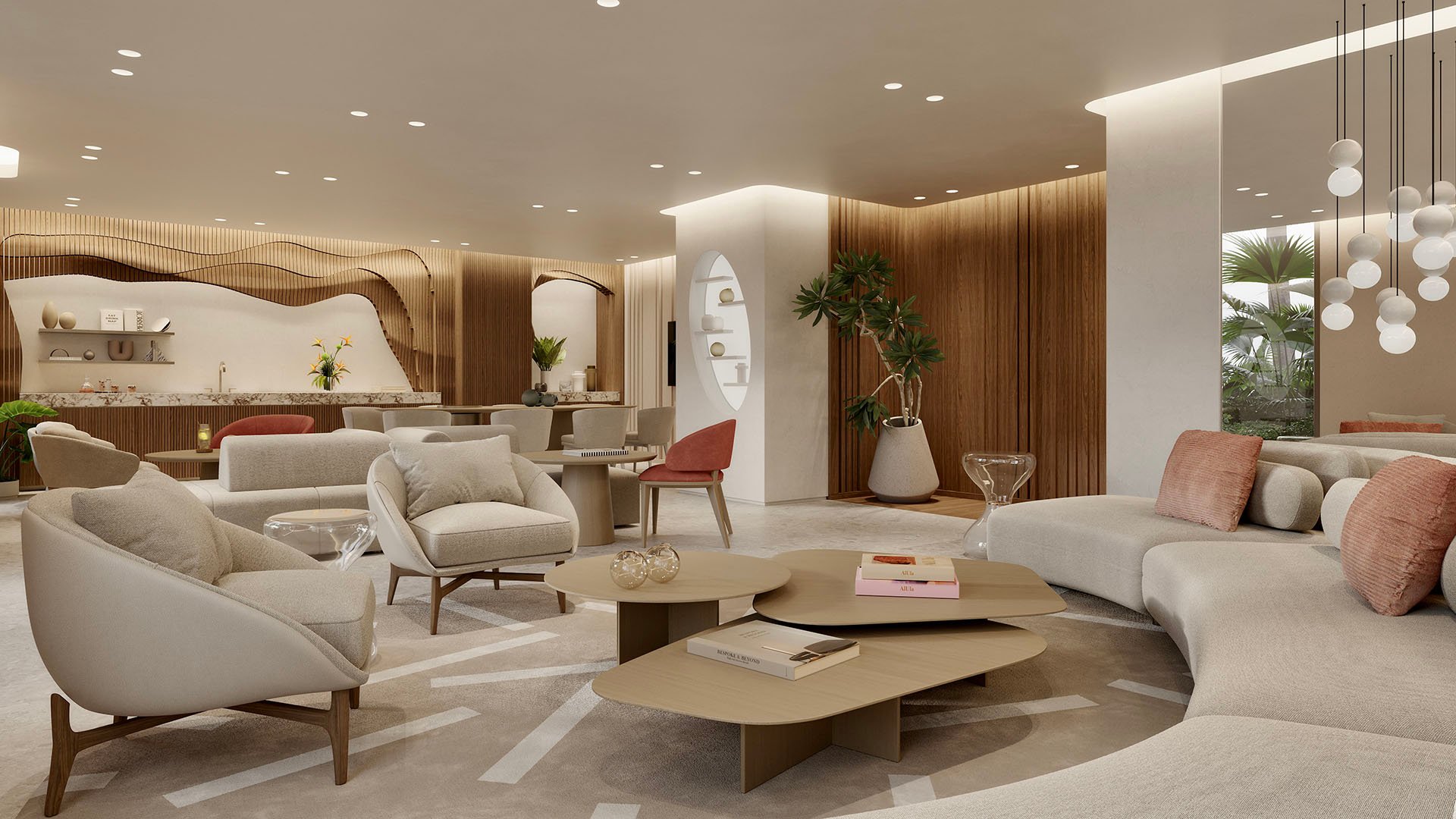 Origin Residences Bay Harbor Islands residents club lounge with entertainment seating, kitchen bar and pendant lighting, showcasing luxury and ultra luxury preconstruction condos amenities in Bay Harbor Islands, Miami, Florida.