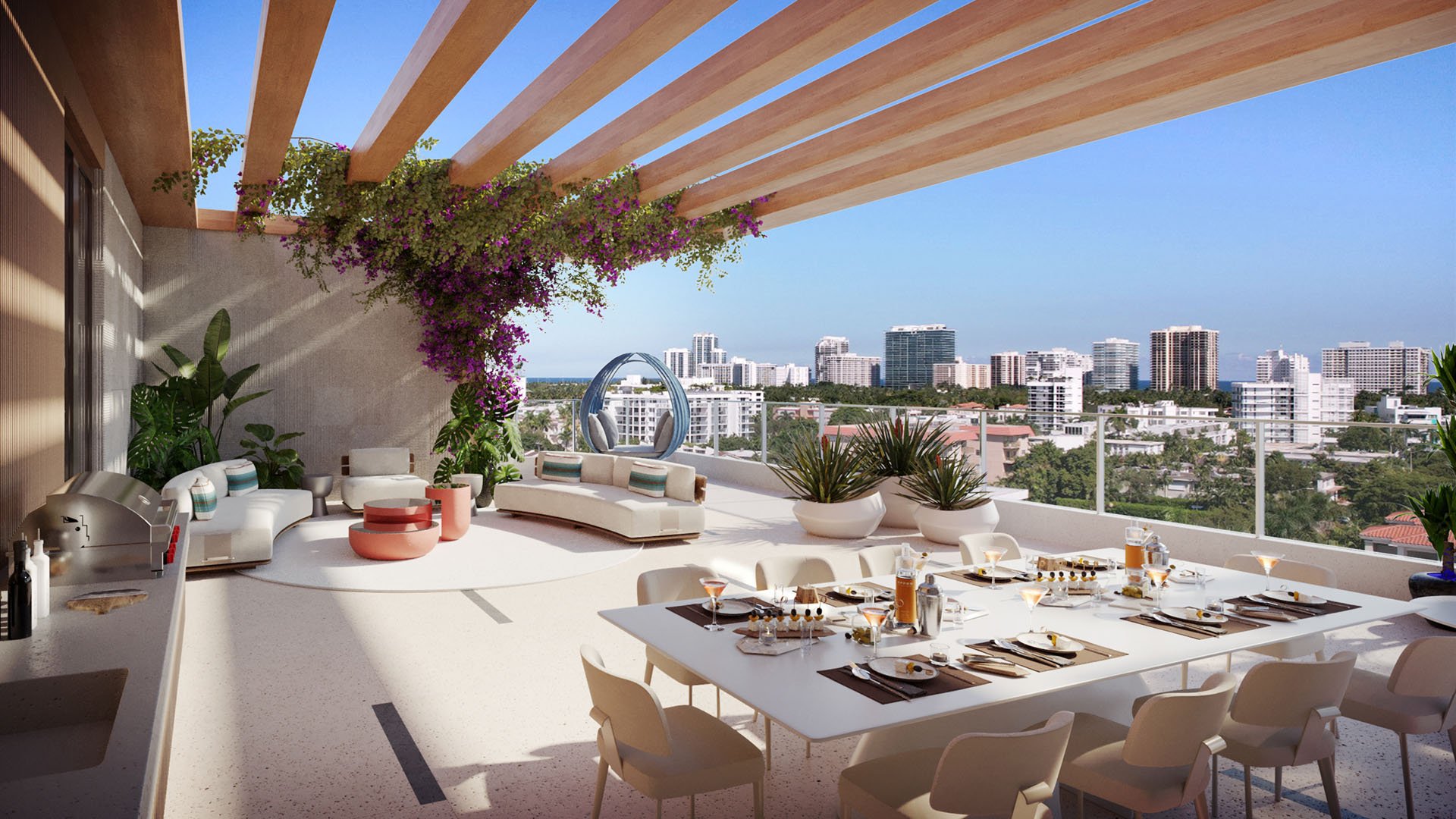 Origin Residences Bay Harbor Islands rooftop BBQ terrace with pergola, outdoor dining and grill plus skyline views, showcasing luxury and ultra luxury preconstruction condos in Bay Harbor Islands, Miami, Florida.