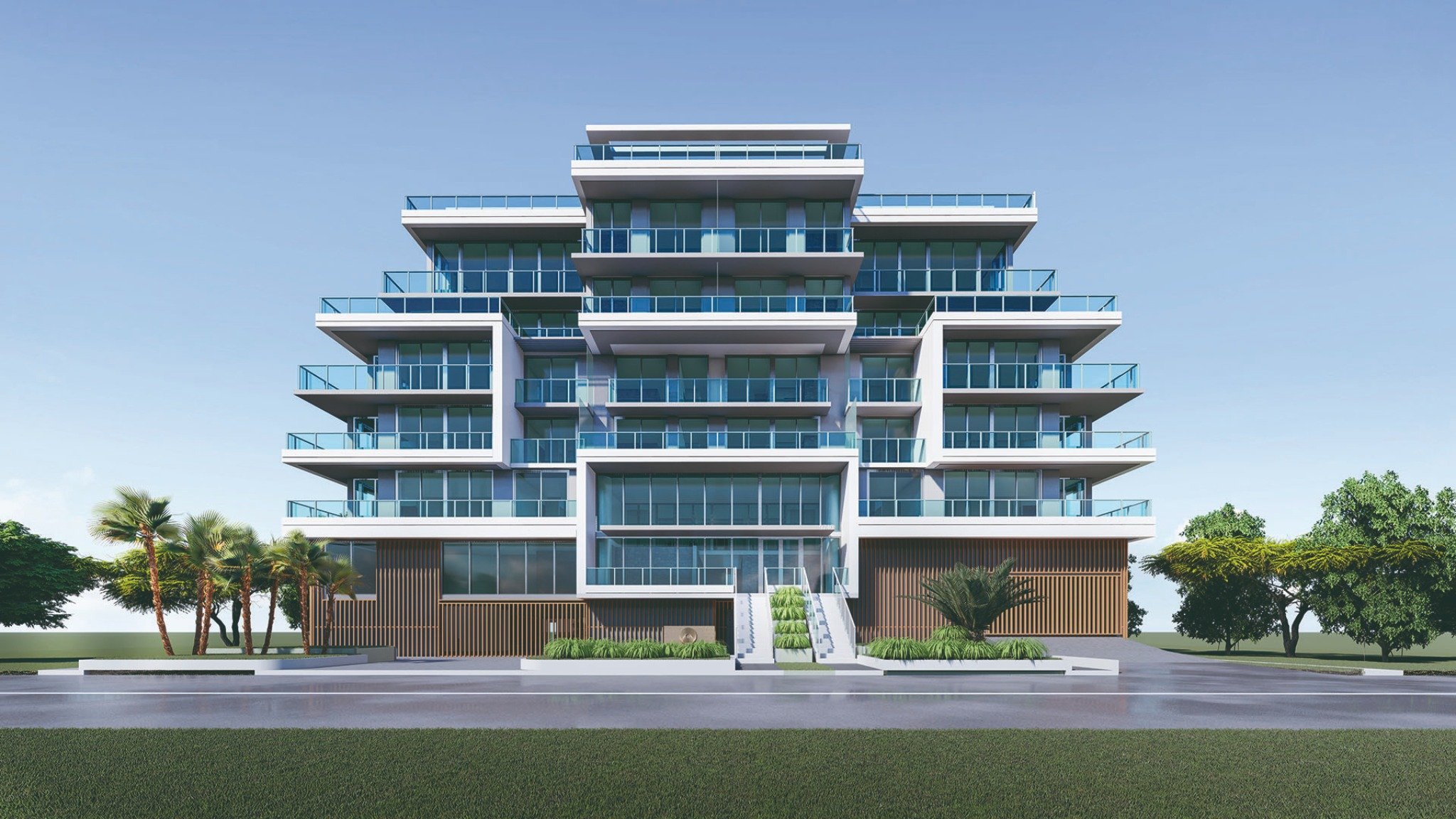 Origin Residences Bay Harbor Islands, Miami, Florida architectural rendering of front elevation with terraced balconies and grand entry stairs for luxury and ultra luxury preconstruction condos.