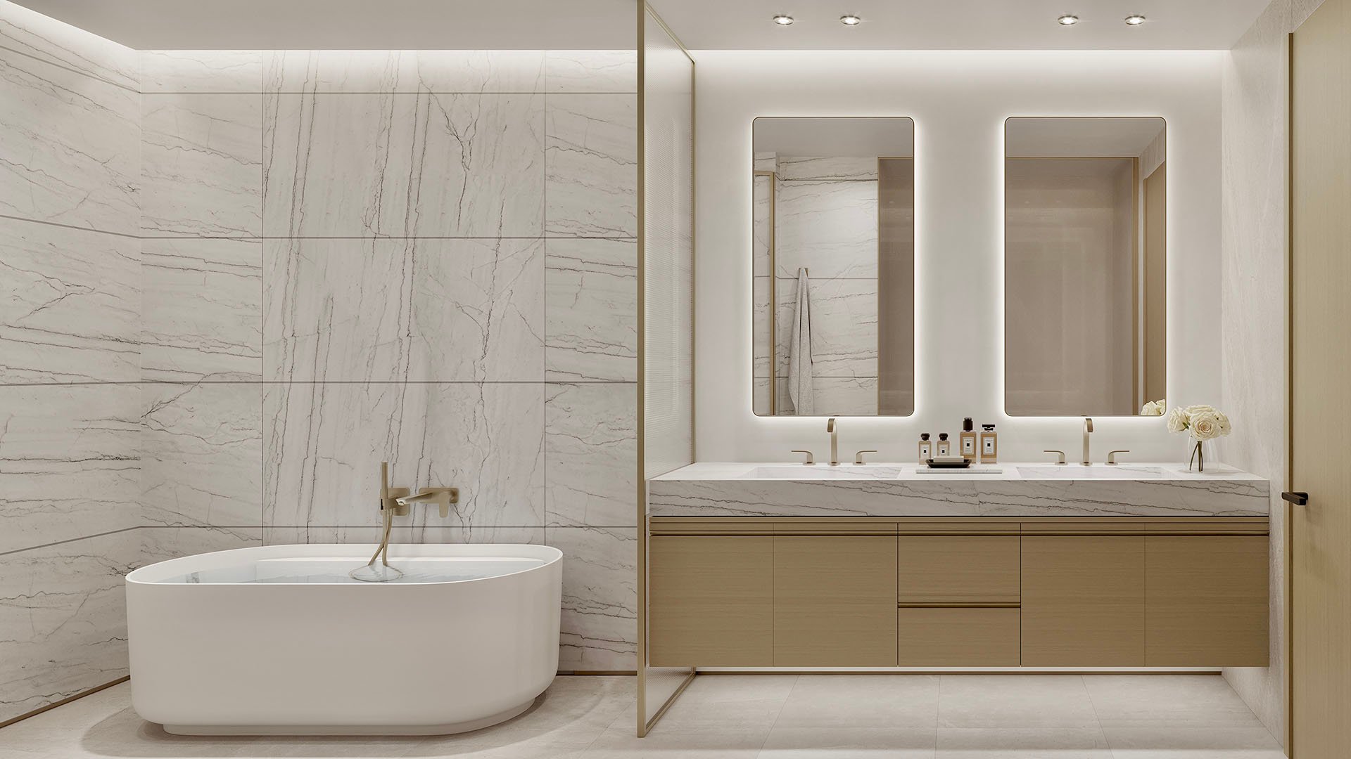 Origin Residences Bay Harbor Islands, Miami, Florida Unit 603 spa bathroom interior rendering with marble wall tile, freestanding tub and double vanity with backlit mirrors, luxury and ultra luxury preconstruction condos.