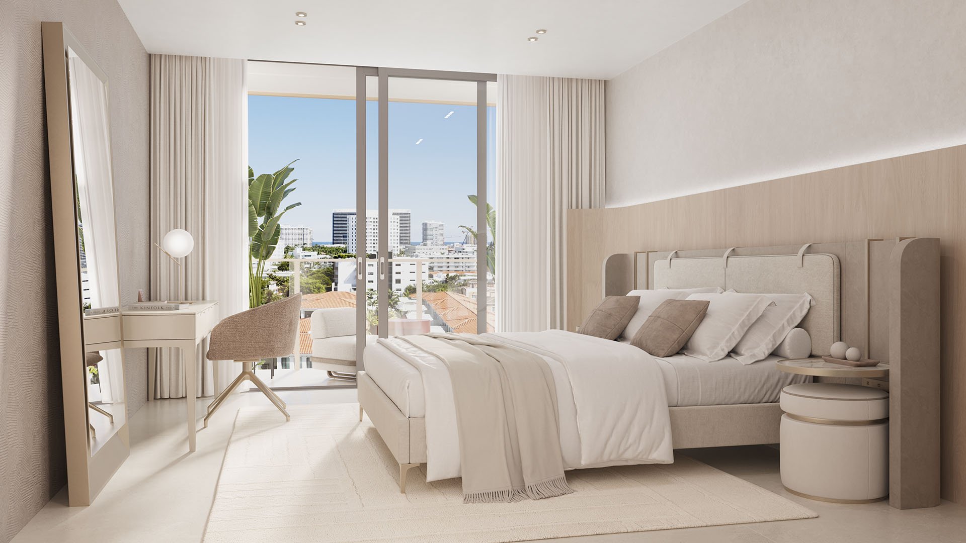 Origin Residences Bay Harbor Islands, Miami, Florida Unit 604 bedroom interior rendering with desk/vanity, upholstered bed and balcony city view, showcasing luxury and ultra luxury preconstruction condos.