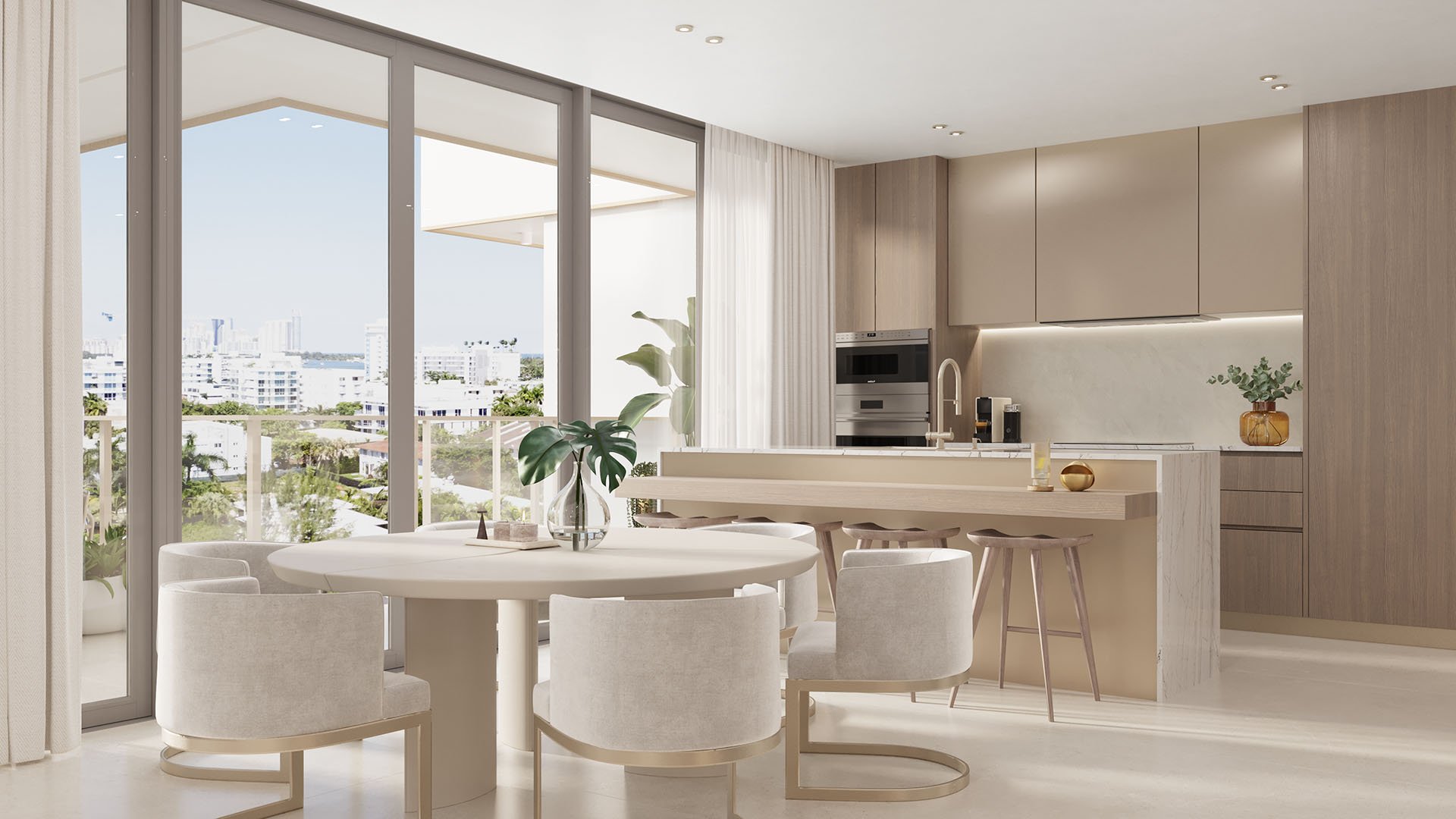 Origin Residences Bay Harbor Islands, Miami, Florida Unit 604 modern kitchen interior rendering with island breakfast bar, round dining table and balcony city view, luxury and ultra luxury preconstruction condos.