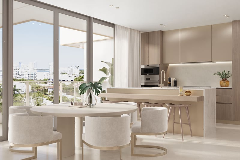 Origin Residences Bay Harbor Islands, Miami, Florida Unit 604 modern kitchen interior rendering with island breakfast bar, round dining table and balcony city view, luxury and ultra luxury preconstruction condos.