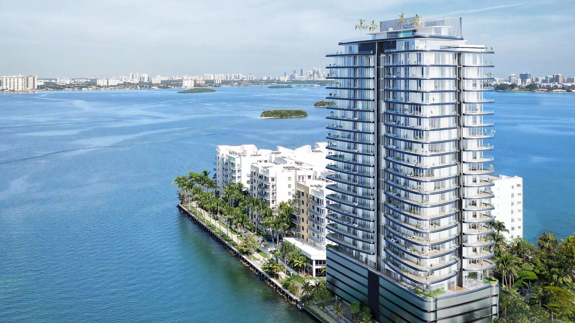 Aerial daytime view of Pagani Residences waterfront condo tower in North Bay Village, Miami, Florida on Biscayne Bay, island setting; luxury and ultra luxury preconstruction condos with curved glass balconies and bay views.