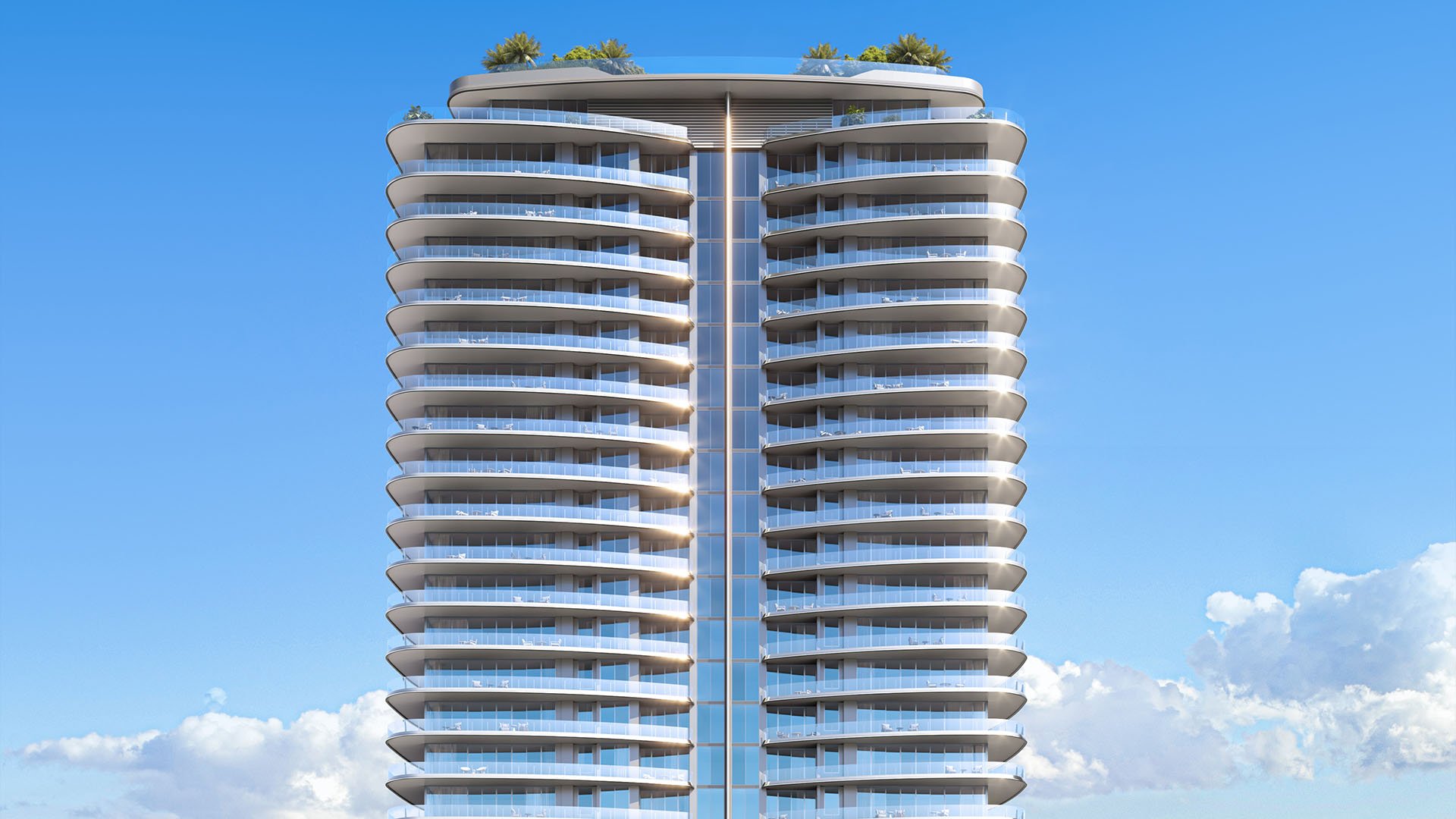 Front elevation rendering of Pagani Residences in North Bay Village, Miami, Florida, showcasing curved glass balconies and modern waterfront tower design; luxury and ultra luxury preconstruction condos on Biscayne Bay.