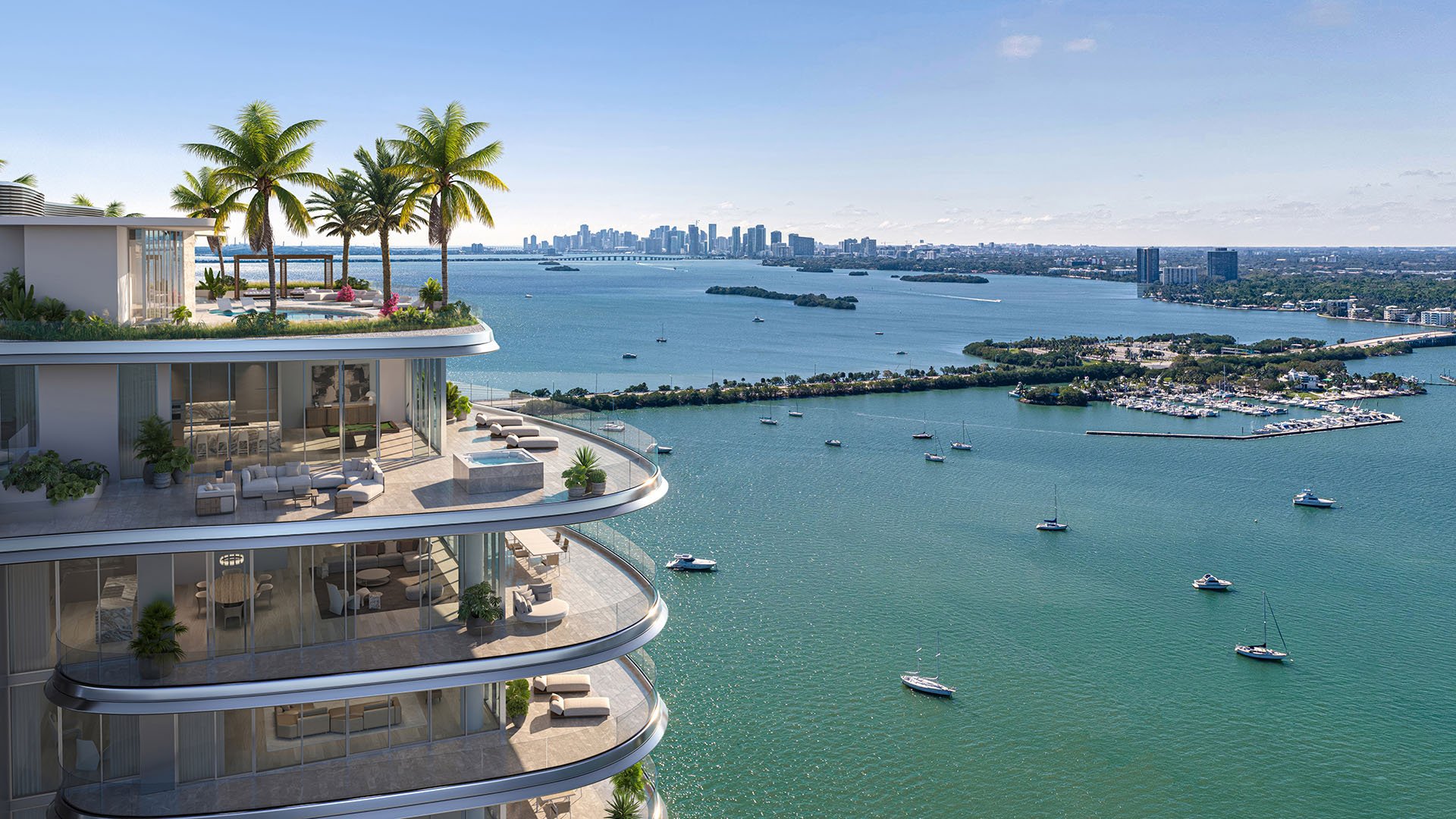 Pagani Residences penthouse terrace in North Bay Village, Miami, Florida with curved glass balcony, daytime views of Biscayne Bay, islands, marina and Miami skyline; luxury and ultra luxury preconstruction condos.