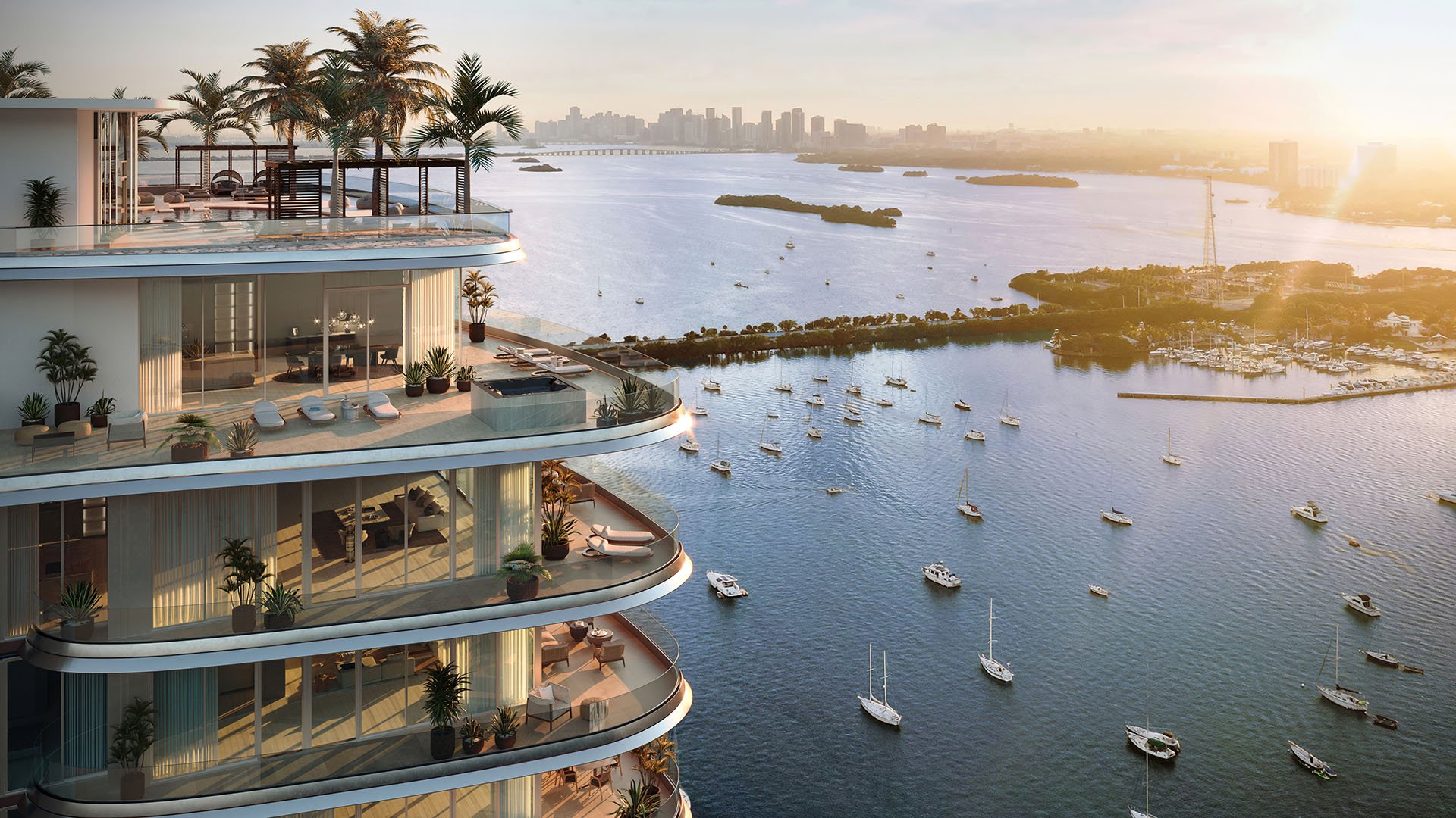 Sunrise view from Pagani Residences penthouse terrace, North Bay Village, Miami, Florida, curved glass balcony overlooking Biscayne Bay yachts and Miami skyline; luxury and ultra luxury preconstruction condos.