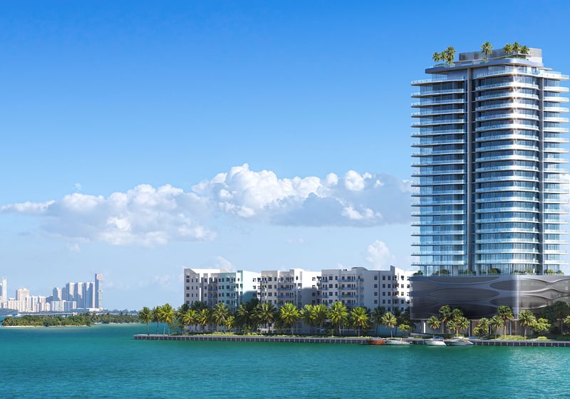 Exterior view of Pagani Residences waterfront condominium tower from Biscayne Bay, North Bay Village, Miami, Florida, with Miami skyline backdrop; luxury and ultra luxury preconstruction condos.