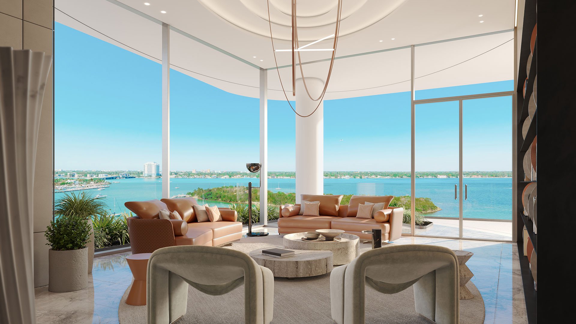 Pagani Residences North Bay Village Miami library reading lounge with curved glass walls, leather sofas and panoramic Biscayne Bay views, highlighting luxury and ultra luxury preconstruction condos amenities.