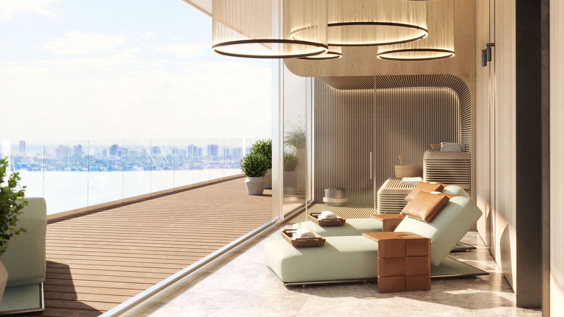 Pagani Residences North Bay Village Miami indoor spa relaxation lounge with chaise seating, warm wood finishes and waterfront terrace overlooking the Miami skyline, for luxury and ultra luxury preconstruction condos.