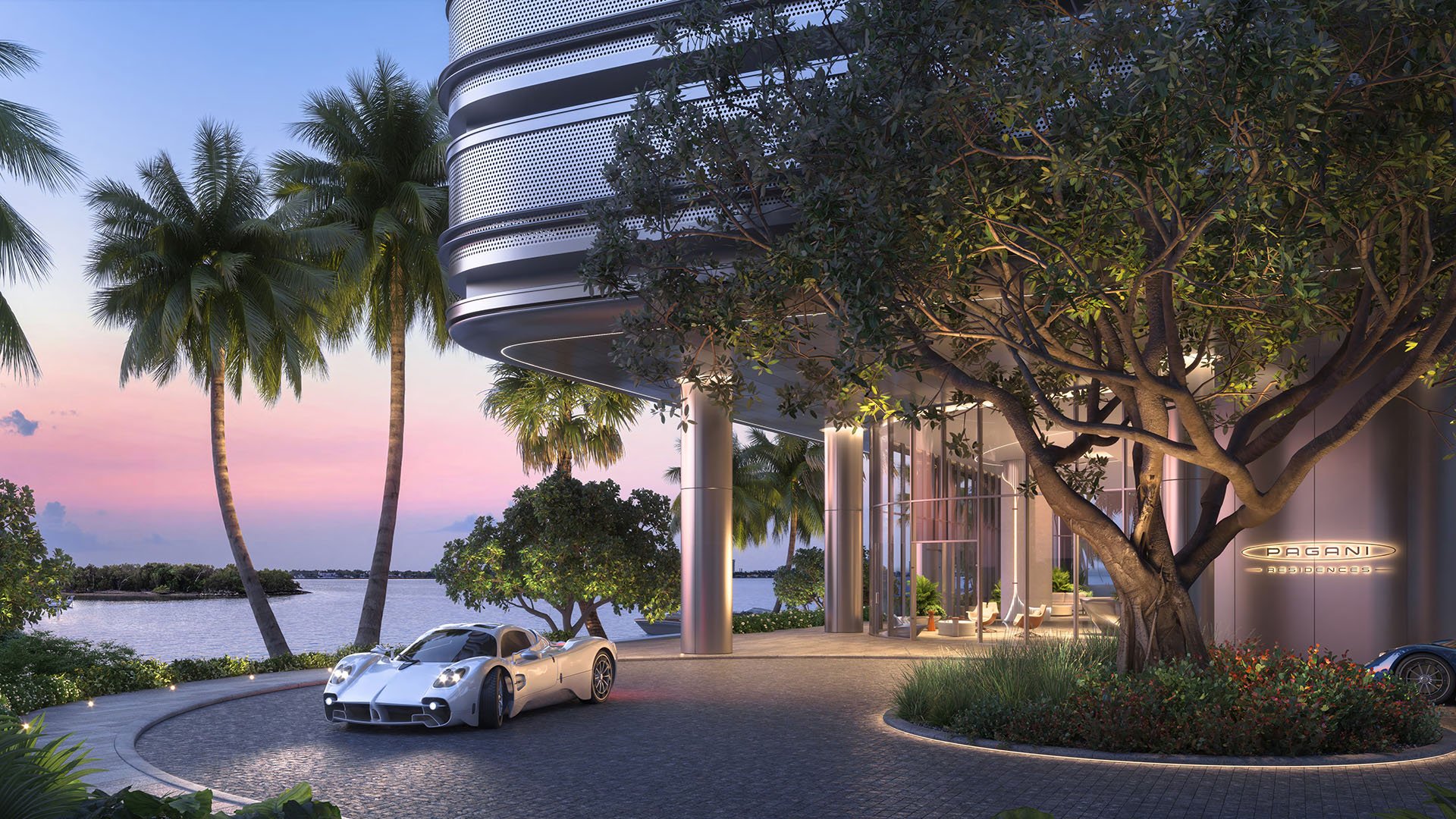 Pagani Residences North Bay Village Miami porte cochere arrival driveway at sunset with palm trees and waterfront setting, introducing luxury and ultra luxury preconstruction condos in Miami, Florida.