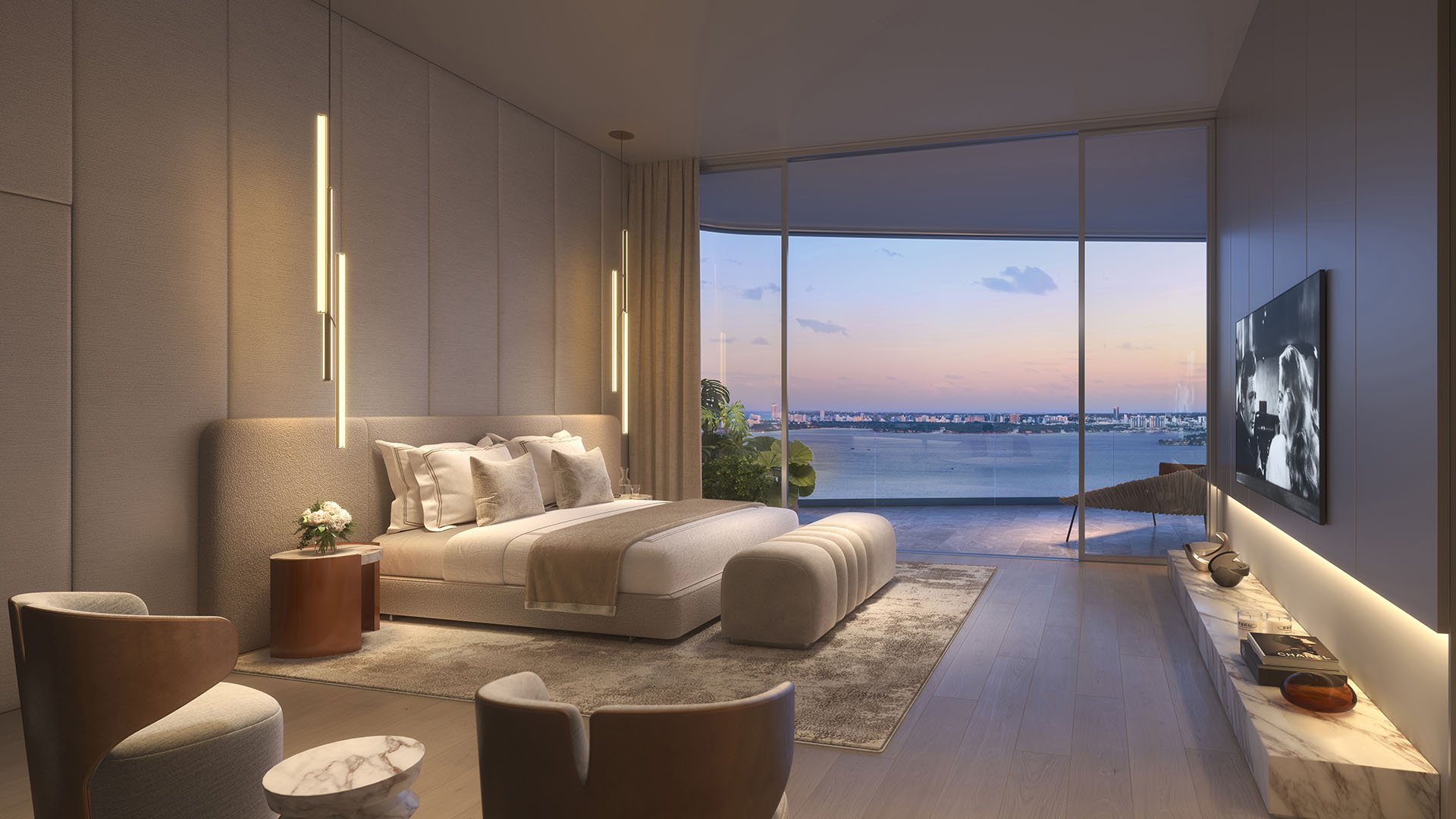 Pagani Residences North Bay Village Miami Residence 01 primary bedroom with sunset water views, floor-to-ceiling glass and private terrace, luxury and ultra luxury preconstruction condos interiors.